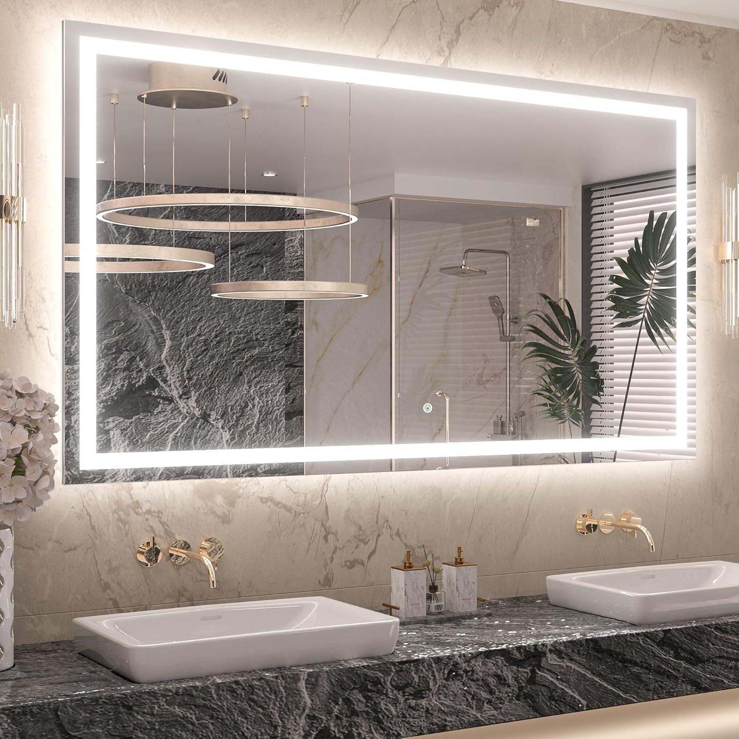 Keonjinn LED Bathroom Mirror 60 ” x 36 ” with Frontlit & Backlit, Lighted Mirror with Stepless Dimmable 3-Color Lights, Bathroom Vanity Mirror with HD Tempered Glass, UL-Listed LED Driver, CRI90+