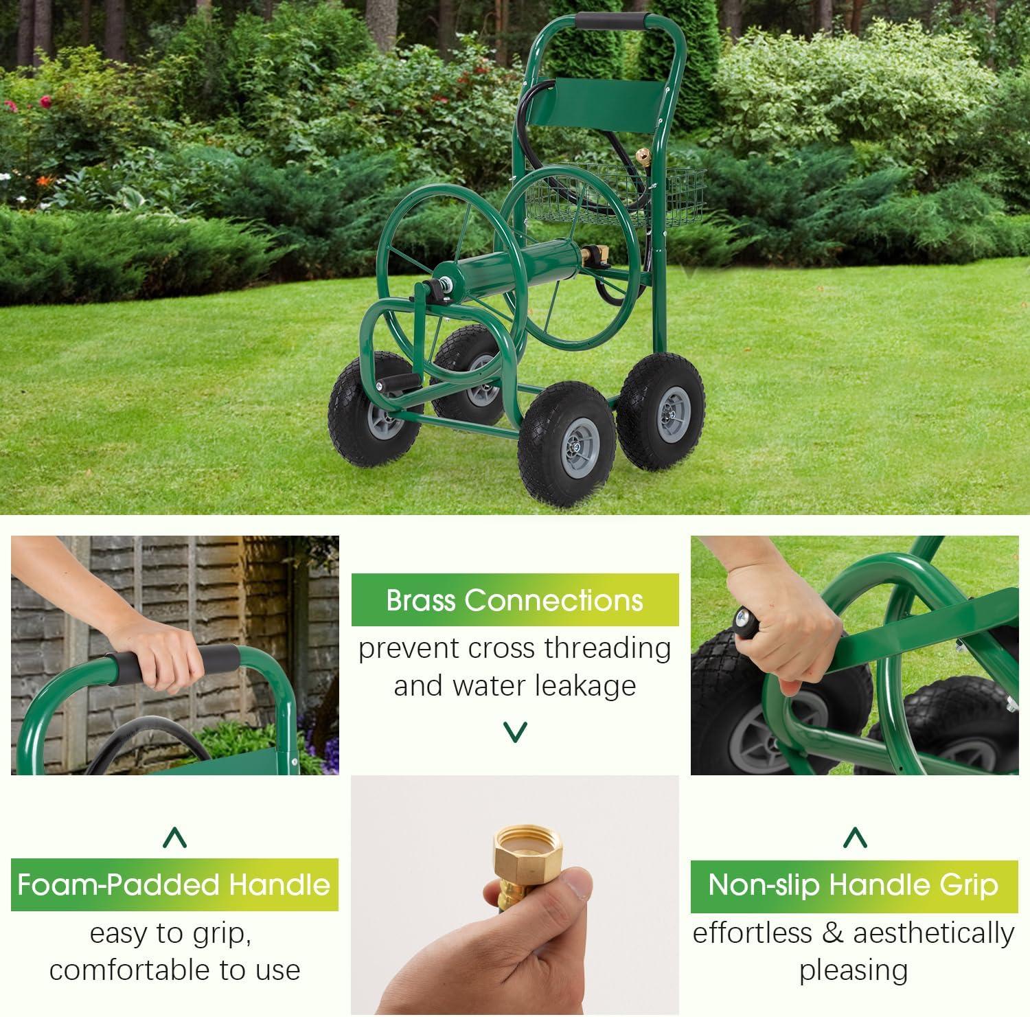 Heavy Duty Green Alloy Steel Garden Hose Reel Cart with Pneumatic Tires