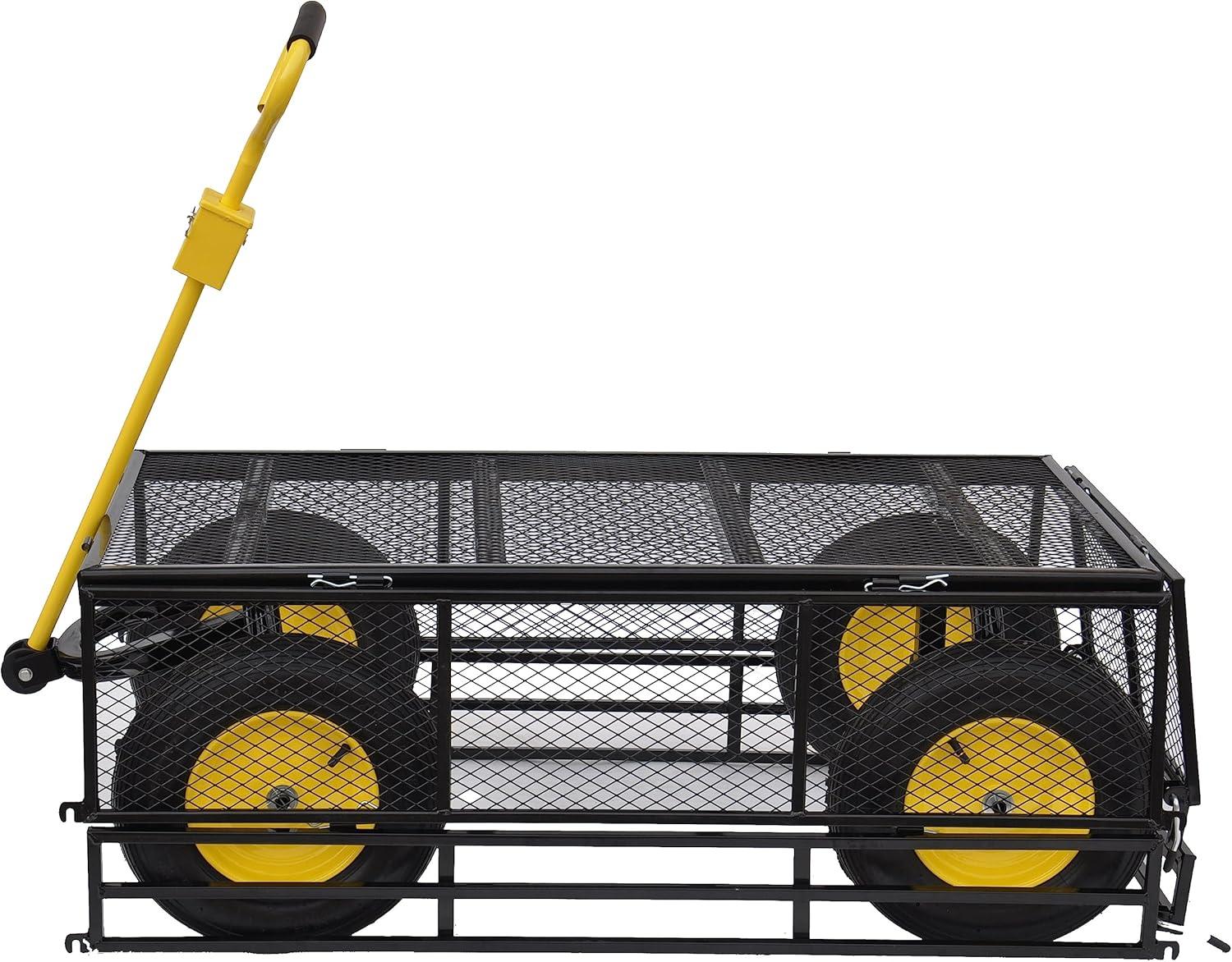 Large Black and Yellow Metal Garden Cart with Pneumatic Tires