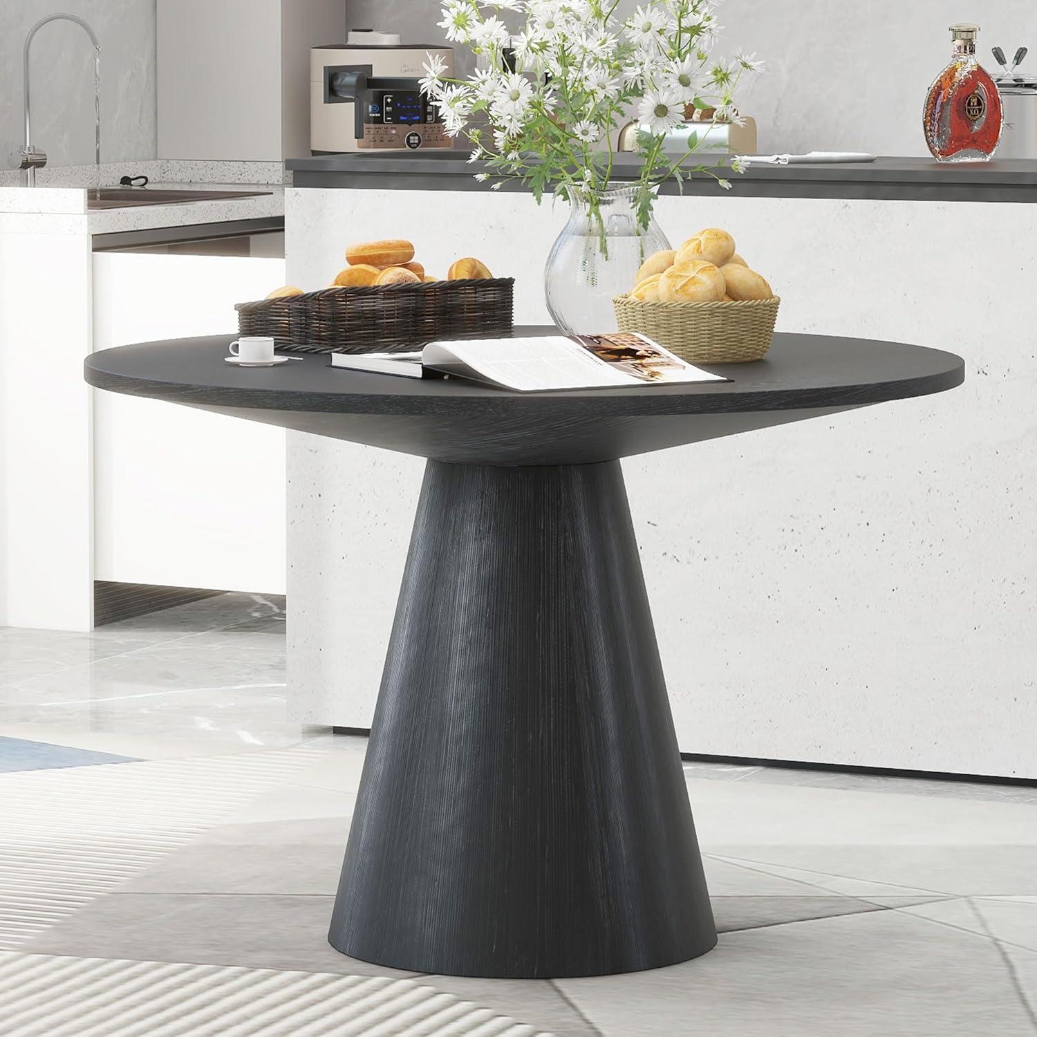 46.5"" Modern Round Dining Table for 4-6,Wooden Round Kitchen Table with MDF Table Top & Pedestal Base,Mid Century Modern Round Dining Table for Dining Room Kitchen,Living Room, Black