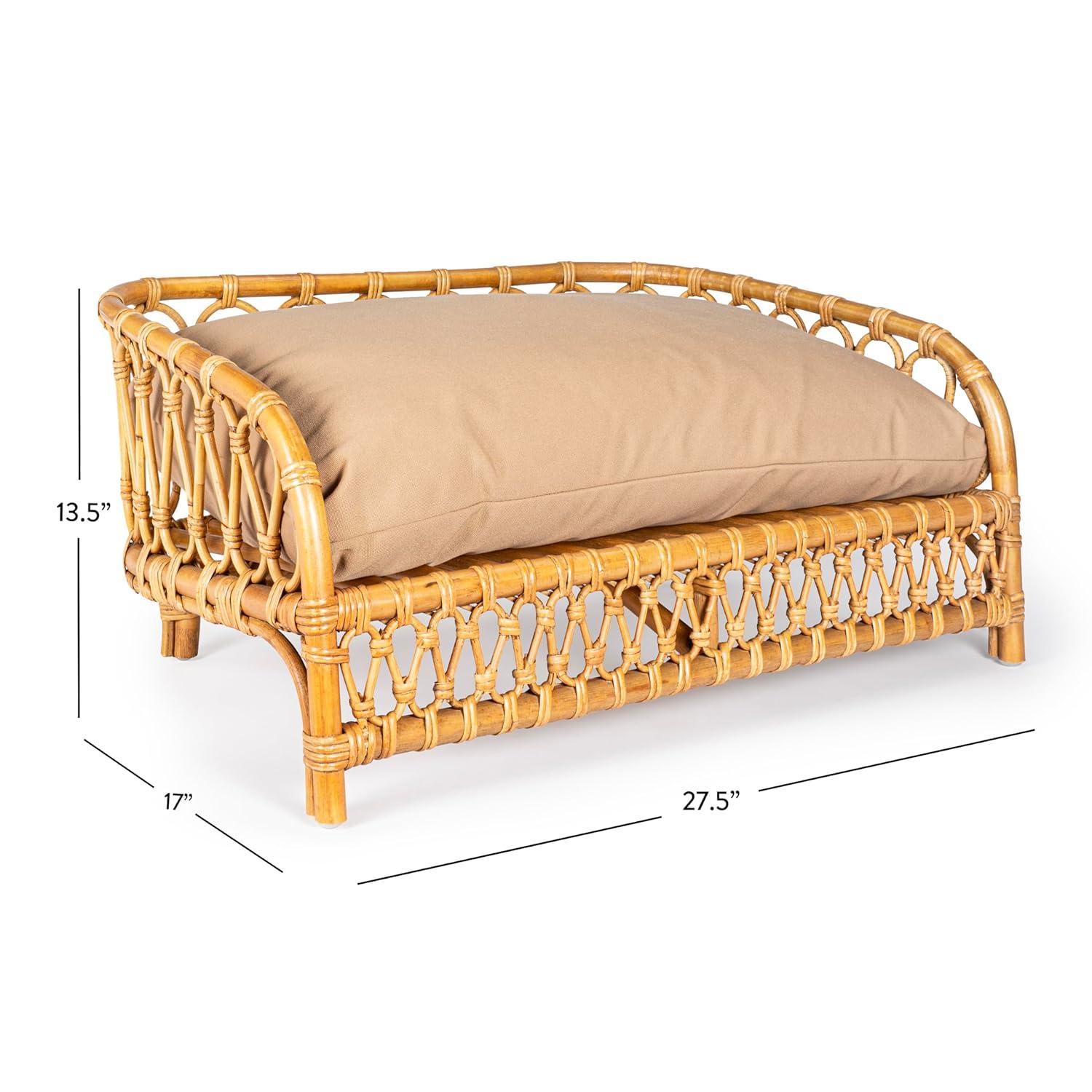 Elevated 27.5" x 17" Bohemian Handwoven Rattan Dog Daybed with Machine-Washable Cushion, Natural