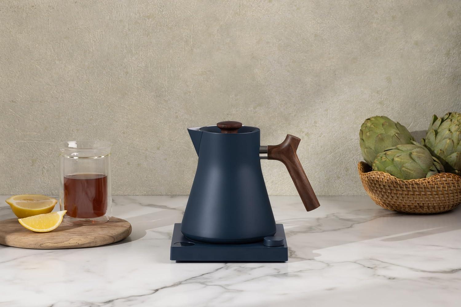 Stone Blue Electric Kettle with Walnut Handle and LCD Display