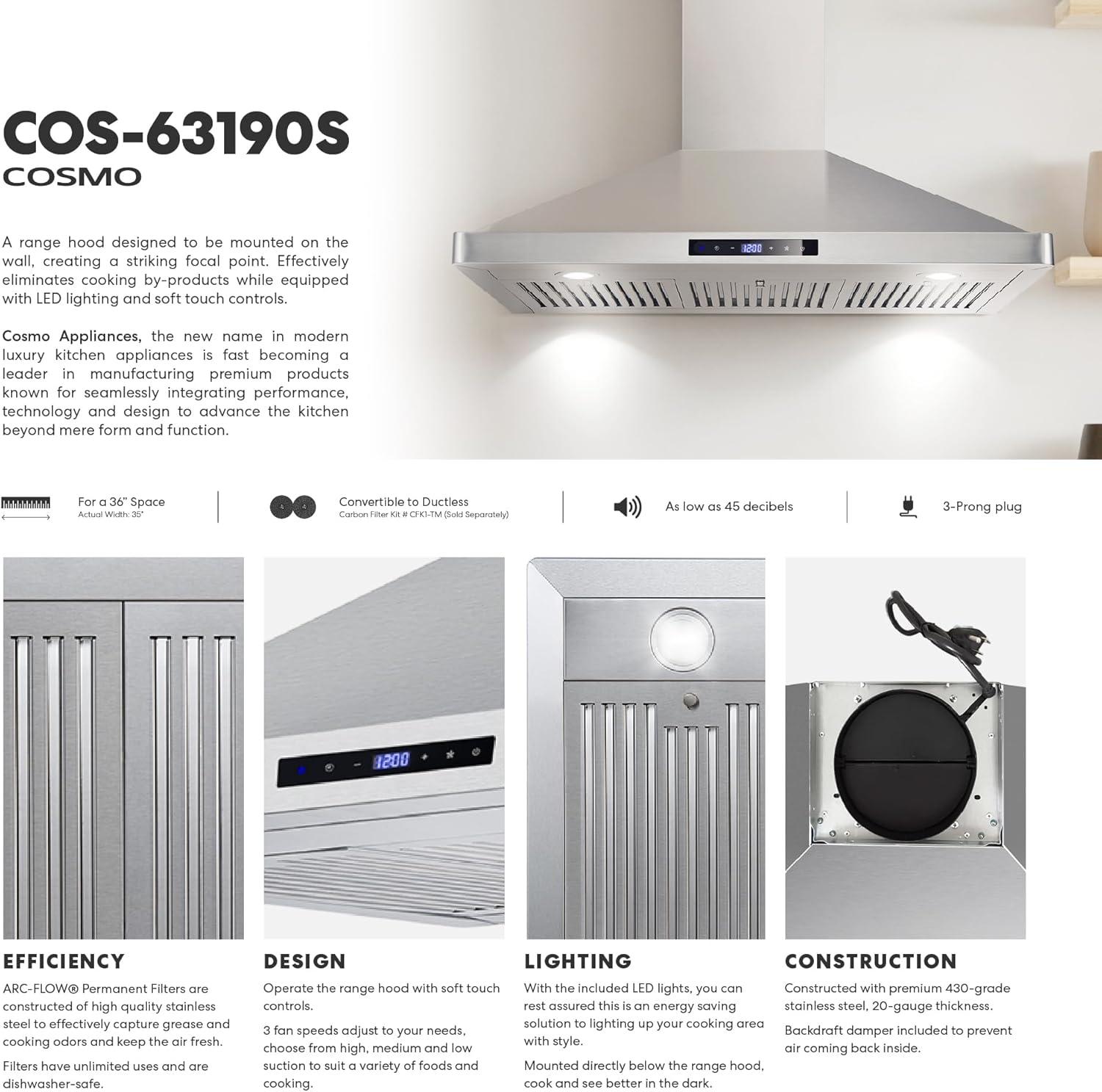 Cosmo 36 in. Ducted Wall Mount Range Hood in Stainless Steel with Touch Controls, LED Lighting and Permanent Filters