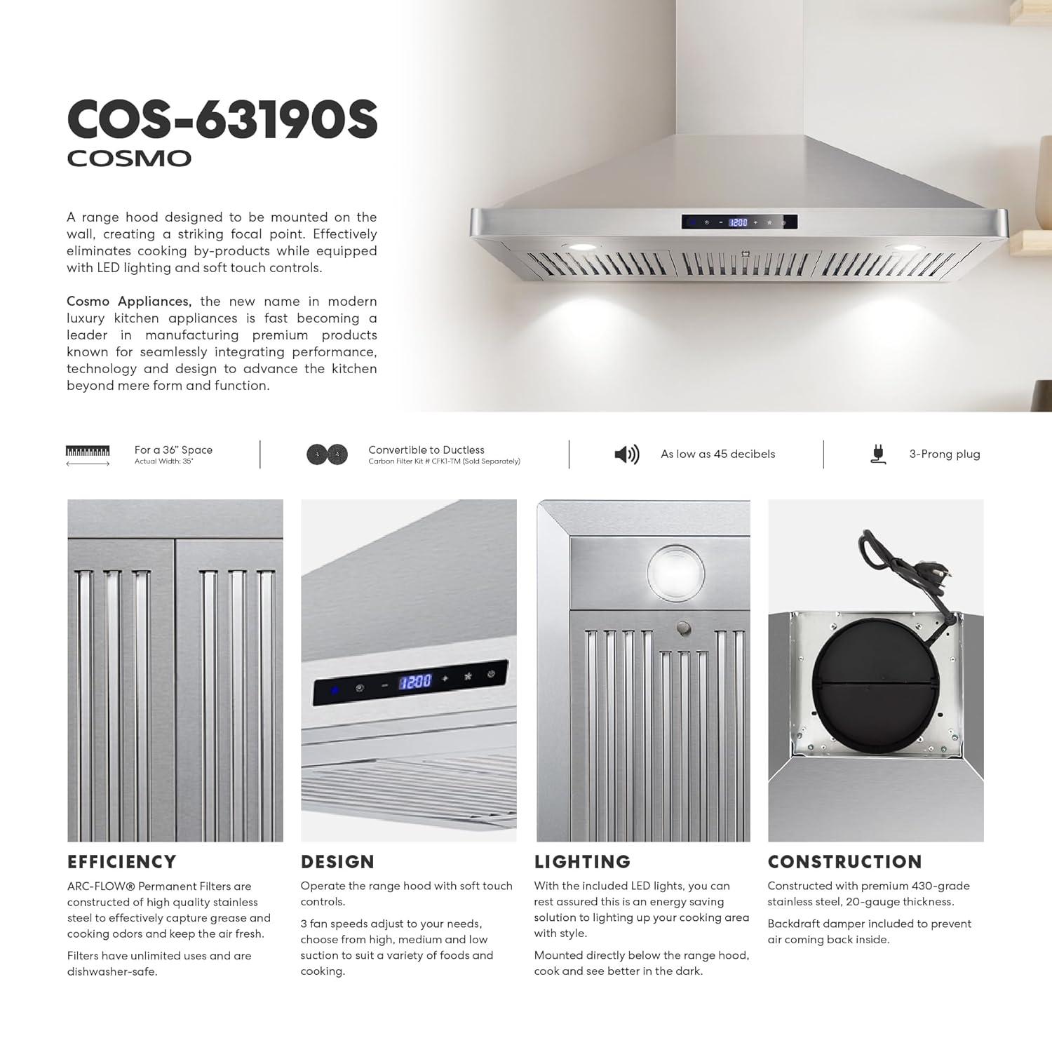 Cosmo 36 in. Ducted Wall Mount Range Hood in Stainless Steel with Touch Controls, LED Lighting and Permanent Filters