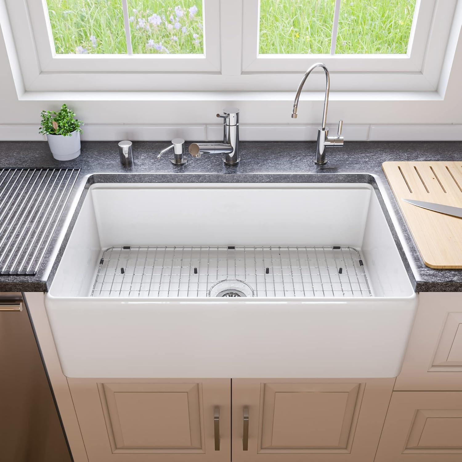 White Fireclay Farmhouse Drop-in Single Bowl Sink with Accessories