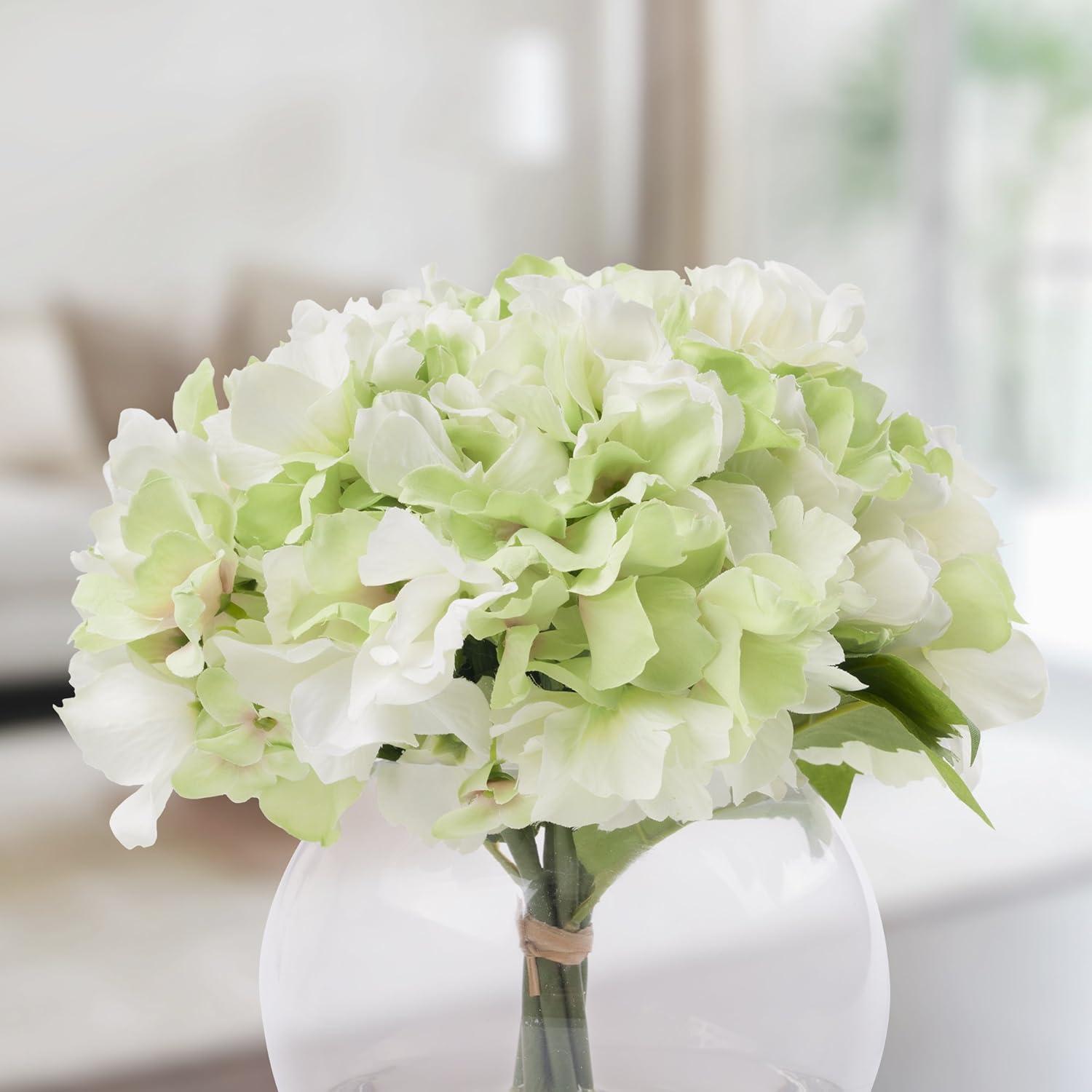 Hydrangea Floral Arrangement in Vase - 5-Count Artificial Flowers with Leaves in Faux Water-Filled Decorative Clear Glass Bowl by Pure Garden (Green)