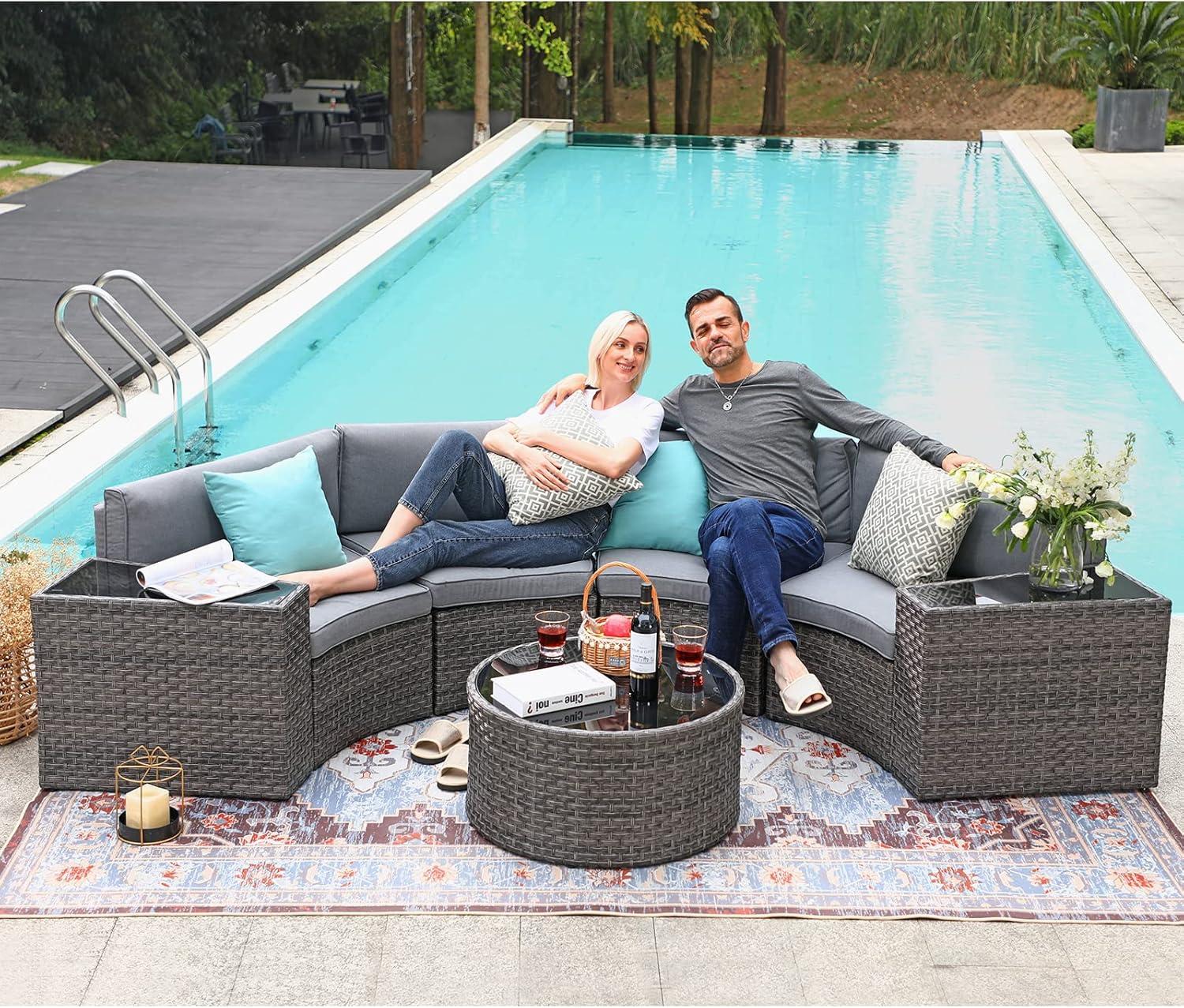 Grey Wicker 7-Piece Half-Moon Outdoor Sofa Set with Coffee Table