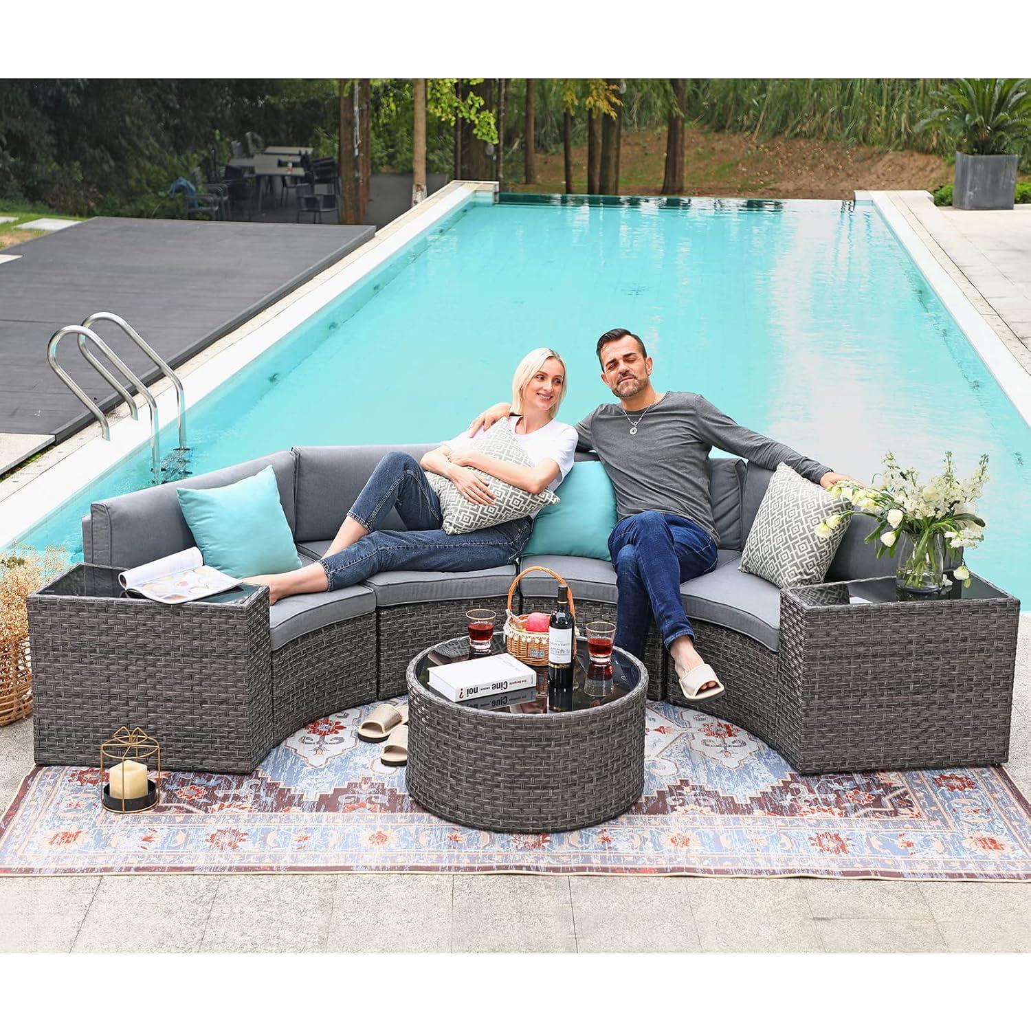 SUNSITT Outdoor Patio Furniture Sectional 7-Piece Half-Moon Curved Outdoor Sofa Set with Round Coffee Table, 4 Pillows & Waterproof Cover, Grey Rattan
