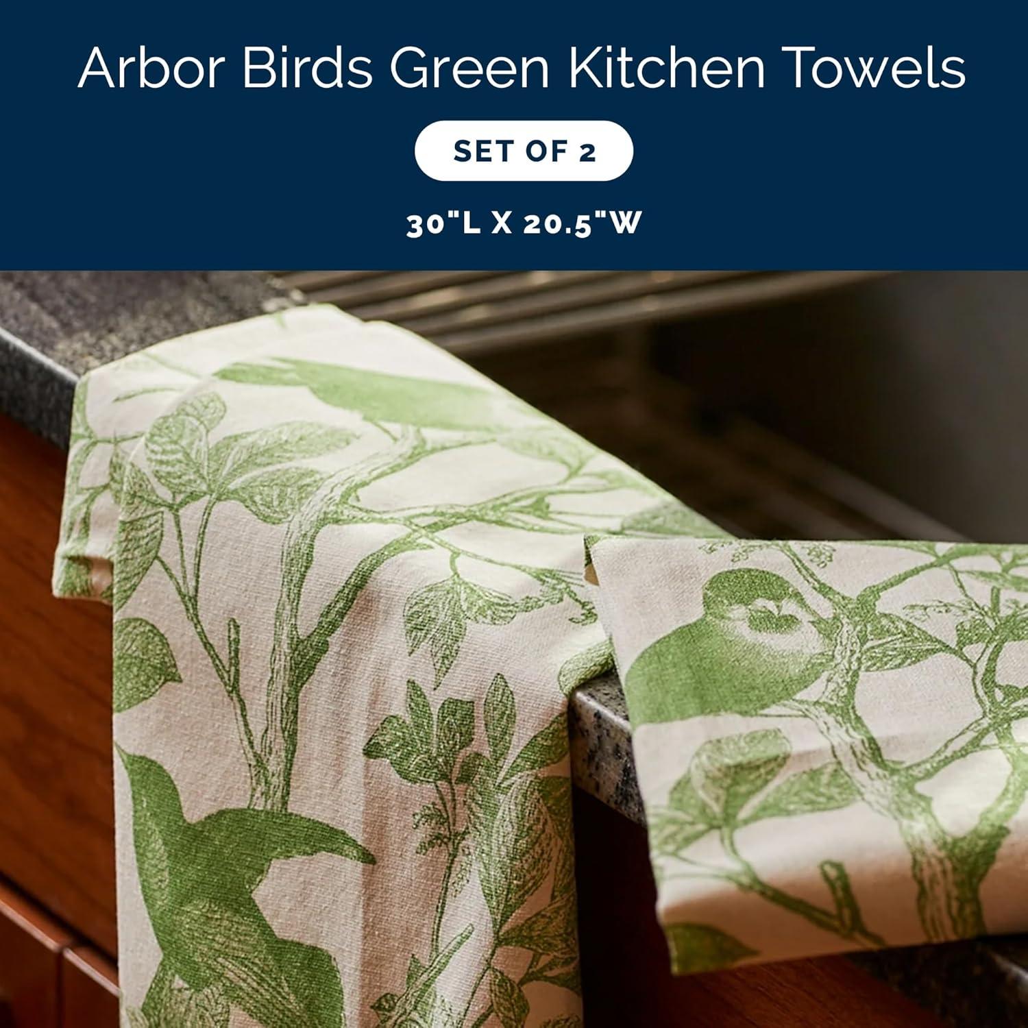 Arbor Birds Green and White Cotton Kitchen Towel Set