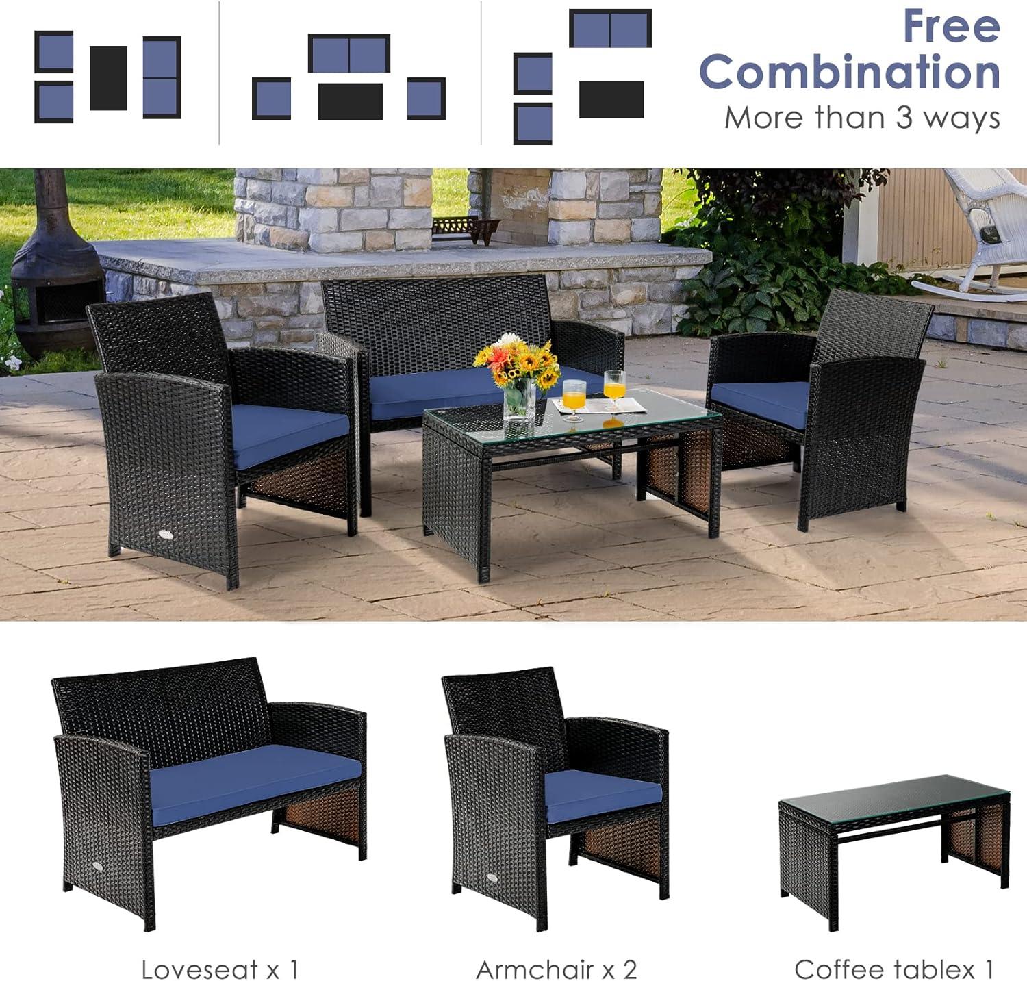 Resenkos 4 Pieces Outdoor Rattan Furniture Set, Wicker Furniture Sets, Patio Conversation Sets with Coffee Table Cushioned Sofa-Red