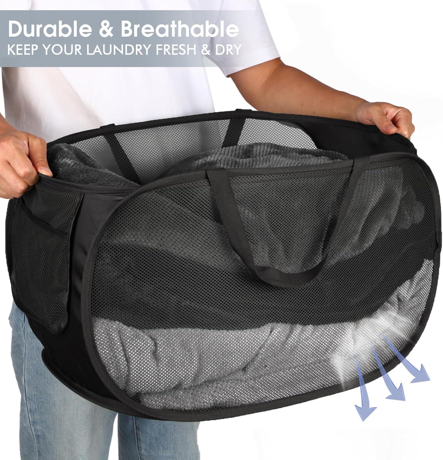 Durable Collapsible Laundry Baskets, Mesh Pop Up Laundry Hamper with Side Pocket, Foldable Clothes Storage Hamper with Reinforced Carry Handles for Laundry, Bathroom, Kids Room, Dorm or Travel Grey