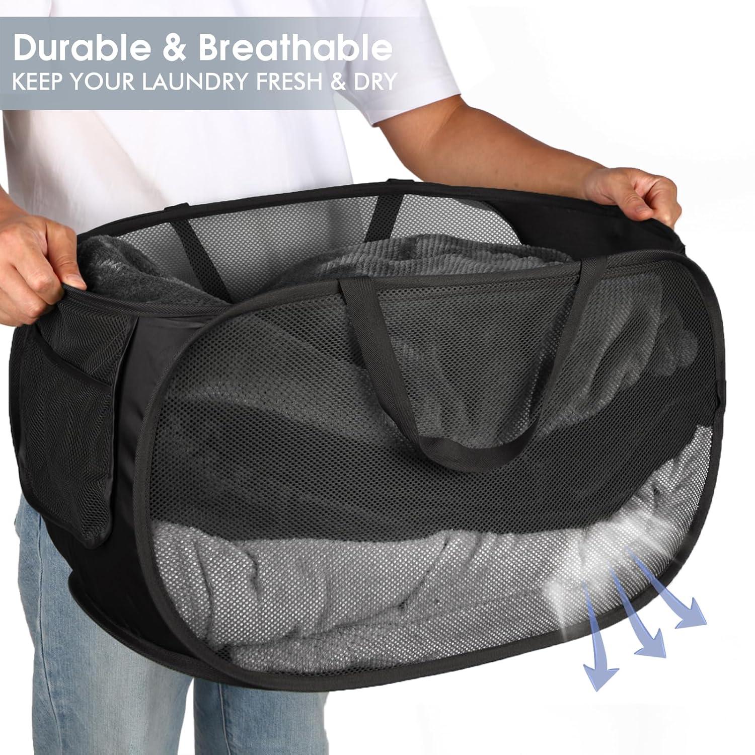 Durable Collapsible Laundry Baskets, Mesh Pop Up Laundry Hamper with Side Pocket, Foldable Clothes Storage Hamper with Reinforced Carry Handles for Laundry, Bathroom, Kids Room, Dorm or Travel Grey