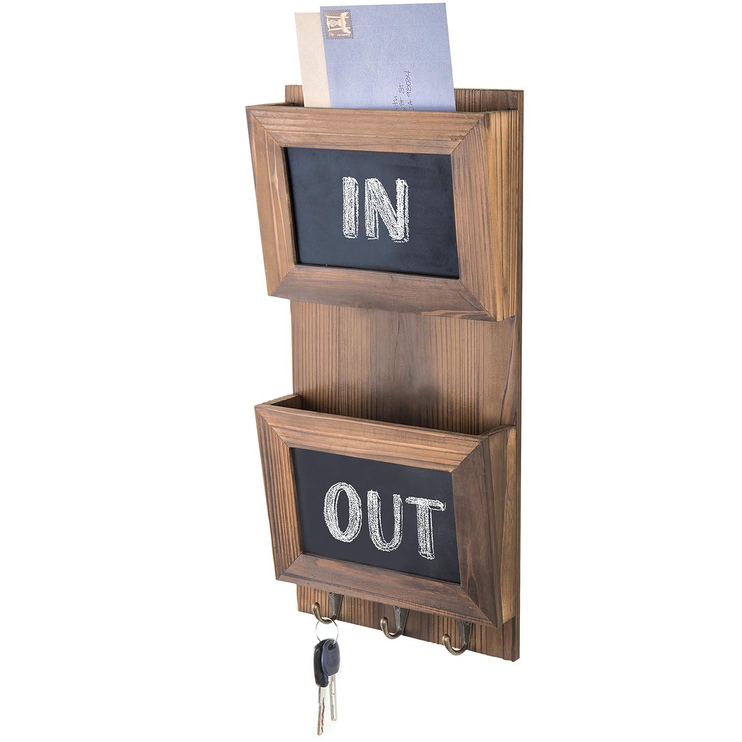 MyGift Rustic Wood Wall-Mounted 2-Slot Mail Sorter Organizer with Chalkboard Surface and 3 Key Hook Rack