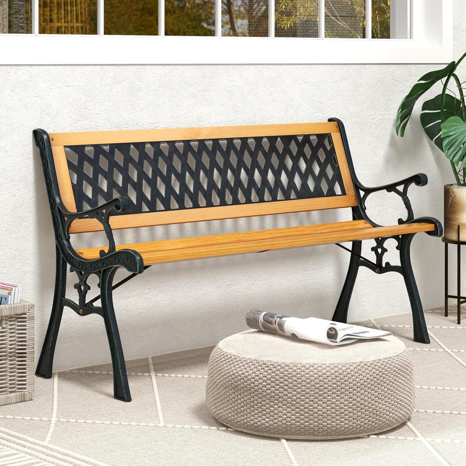 Natural Hardwood and Black Cast Iron Outdoor Garden Bench