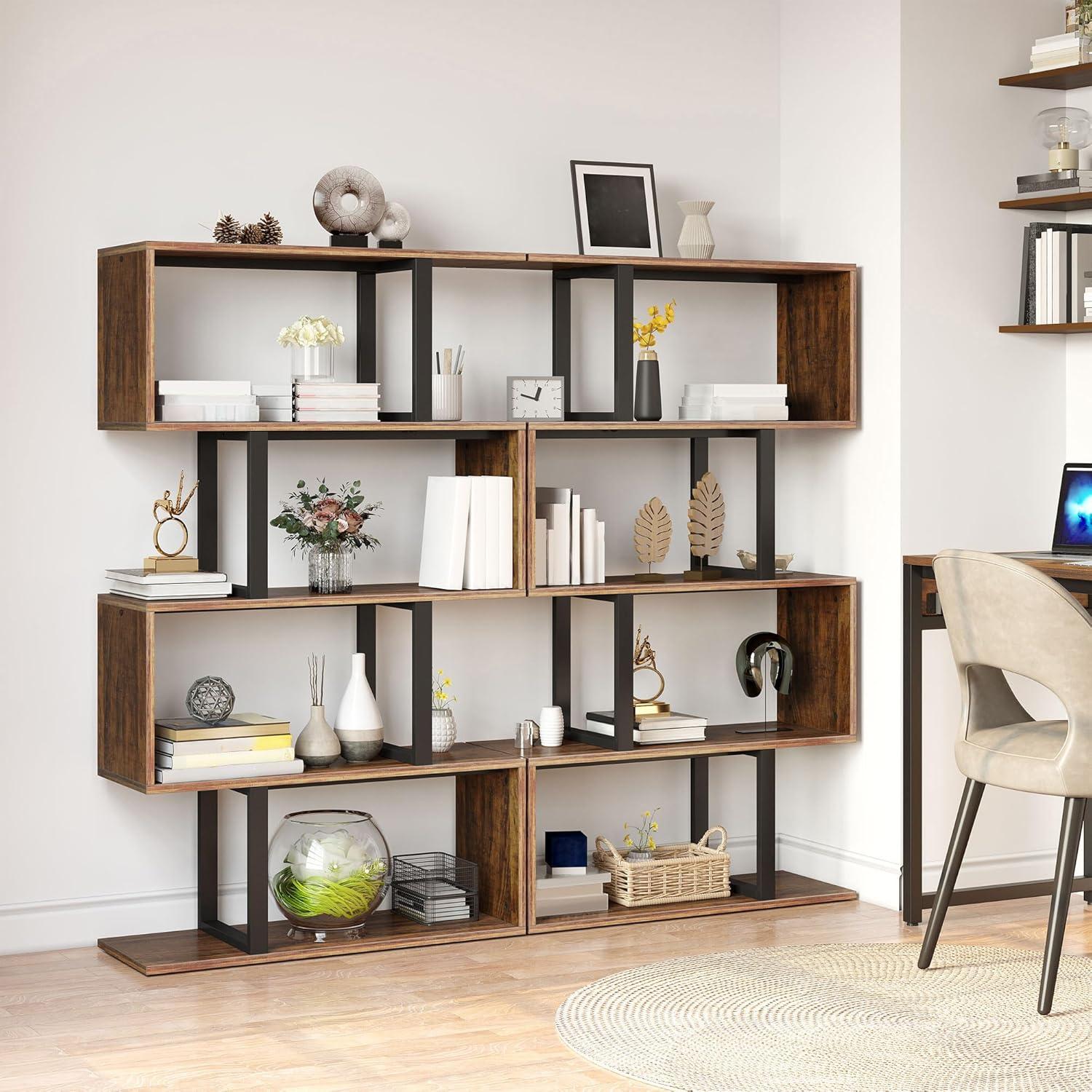 YITAHOME 5-Tier Bookshelf, S-Shaped Z-Shelf Bookshelves and Bookcase, Industrial Freestanding Multifunctional Decorative Storage Shelving for Living Room Home Office, Retro Brown