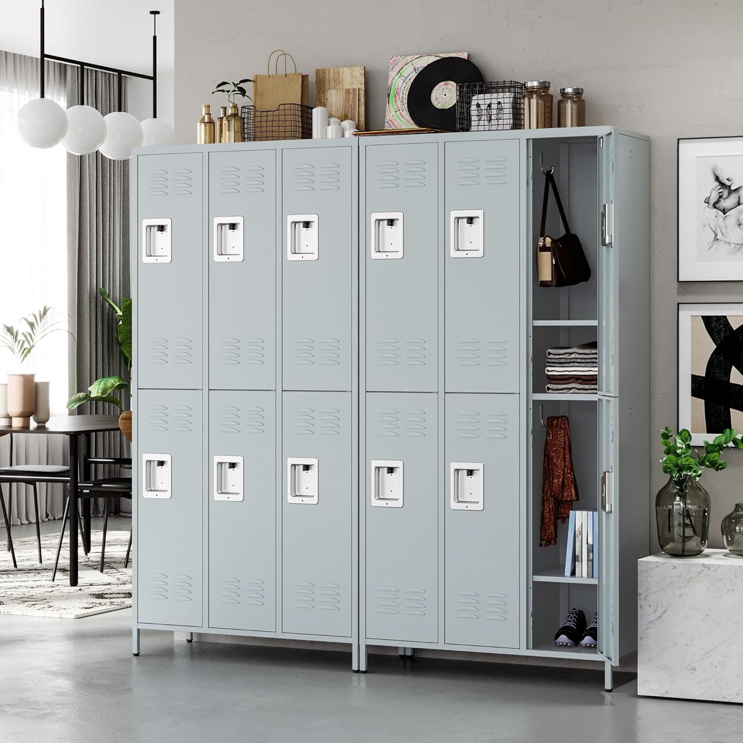STANI Metal Lockers for Employees with Lock, 6 Doors Tall Steel Storage Locker with Shelves, Lockable Steel Cabinet for School Gym Office Garage (Grey, 6 Doors)