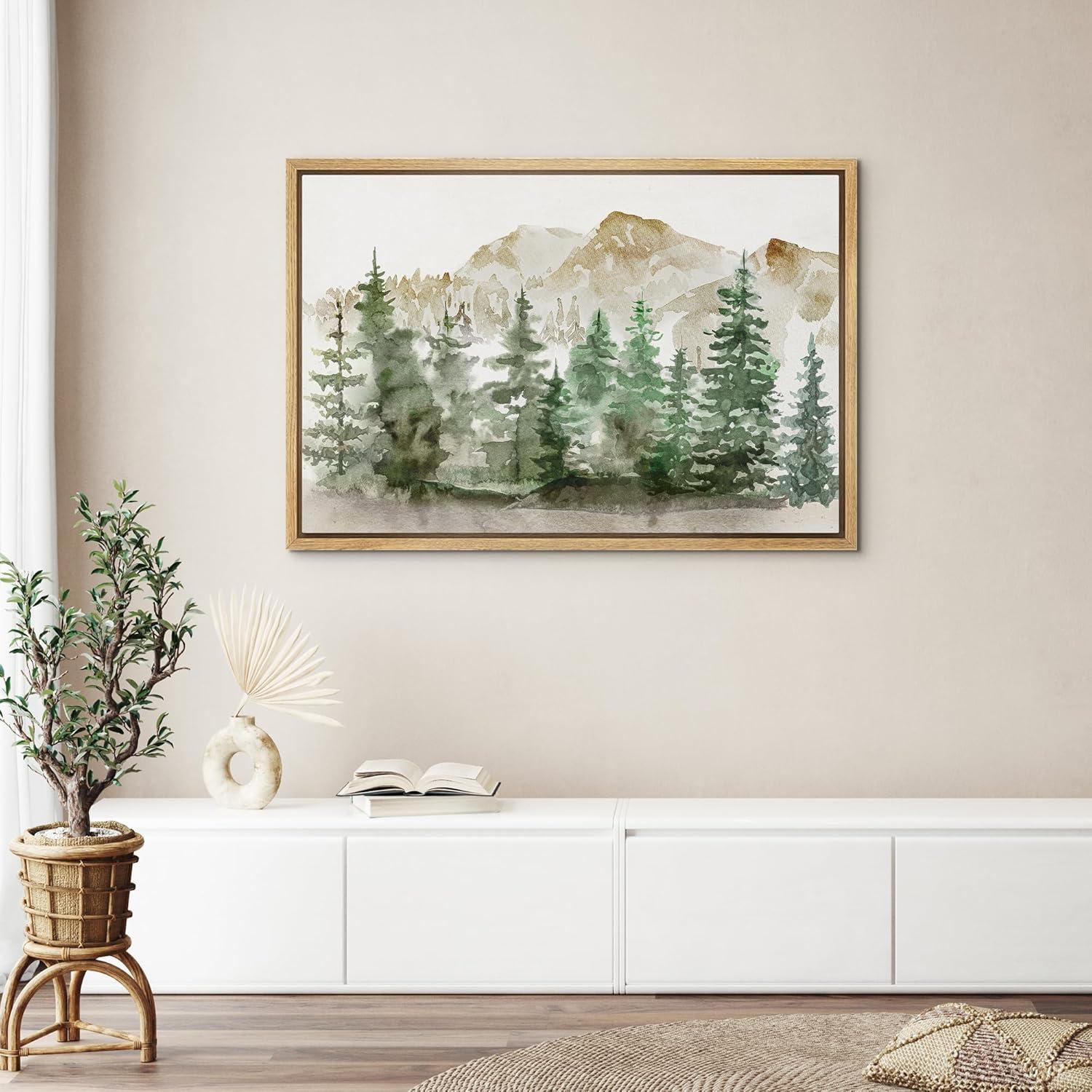 wall26 Framed Canvas Print Wall Art Watercolor Mountain Forest Landscape Nature Wilderness Illustrations Modern Rustic Scenic Colorful for Living Room, Bedroom, Office - 24"x36"White