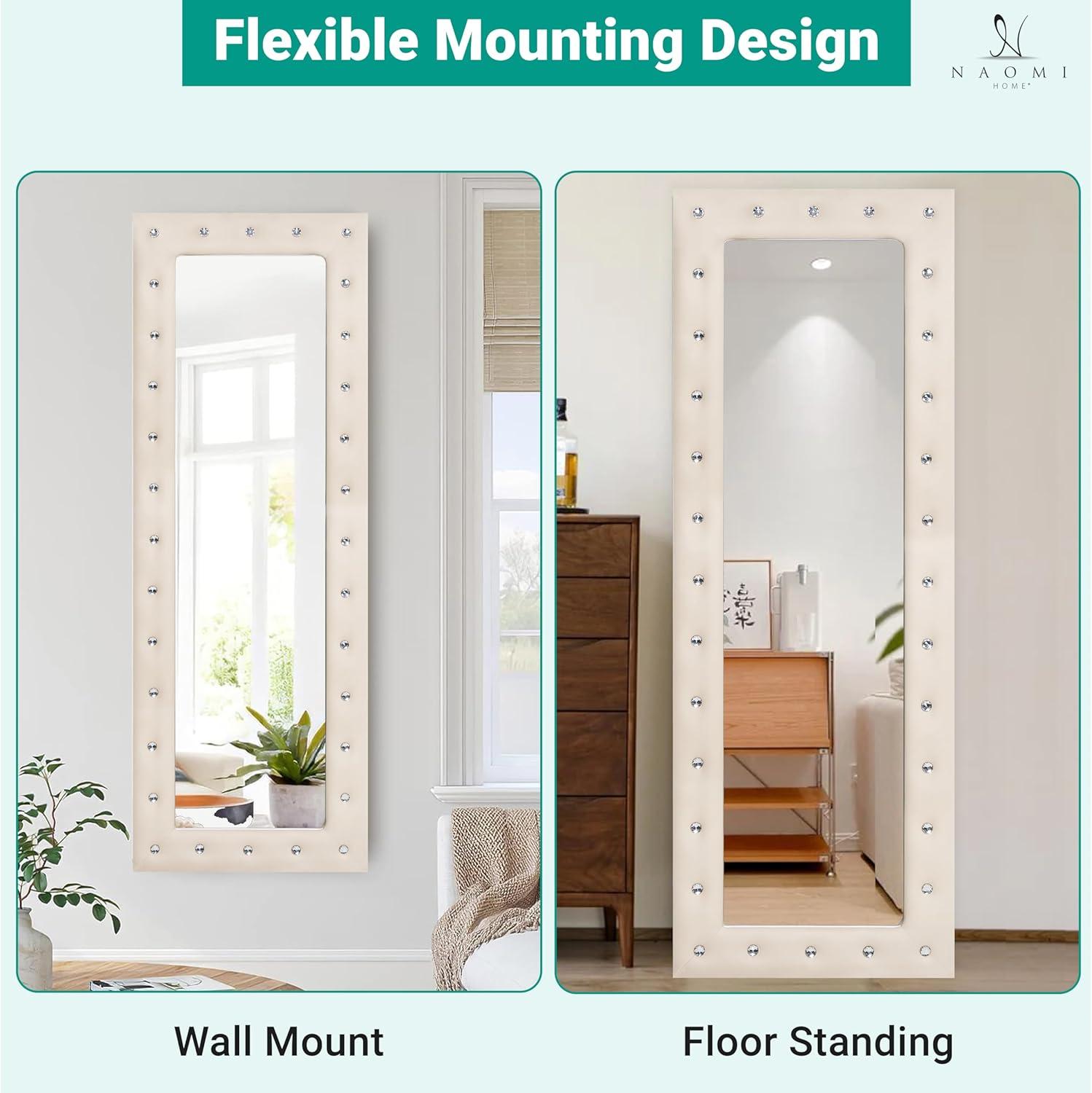 Naomi Home Crystal Tufted Floor Mirror Full Length 63 LX22 W Wall Mirror Full Length Standing Wall with Faux Wood Frame Mirrors for Bedroom - Pink