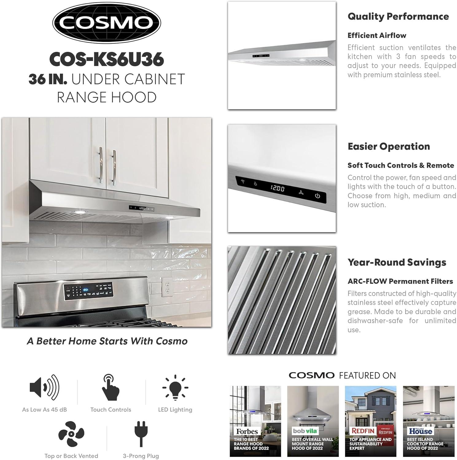 Cosmo 36" Stainless Steel 500 CFM Ducted (Vented) Under Cabinet Range Hood with Baffle Filter