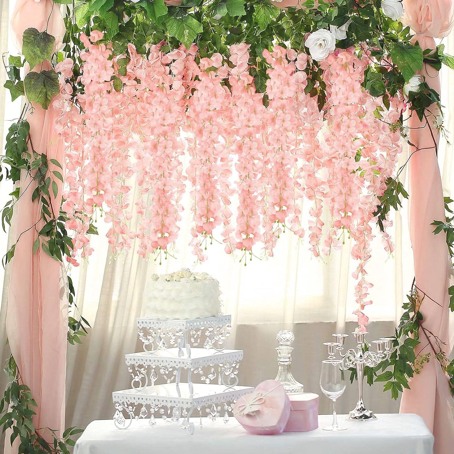 Wisteria Hanging Flowers 24 Pack Fake Flower Garland Artificial Wisteria Vines Rattan Silk Flower String Wedding Party Wall Decorations,Blush Pink