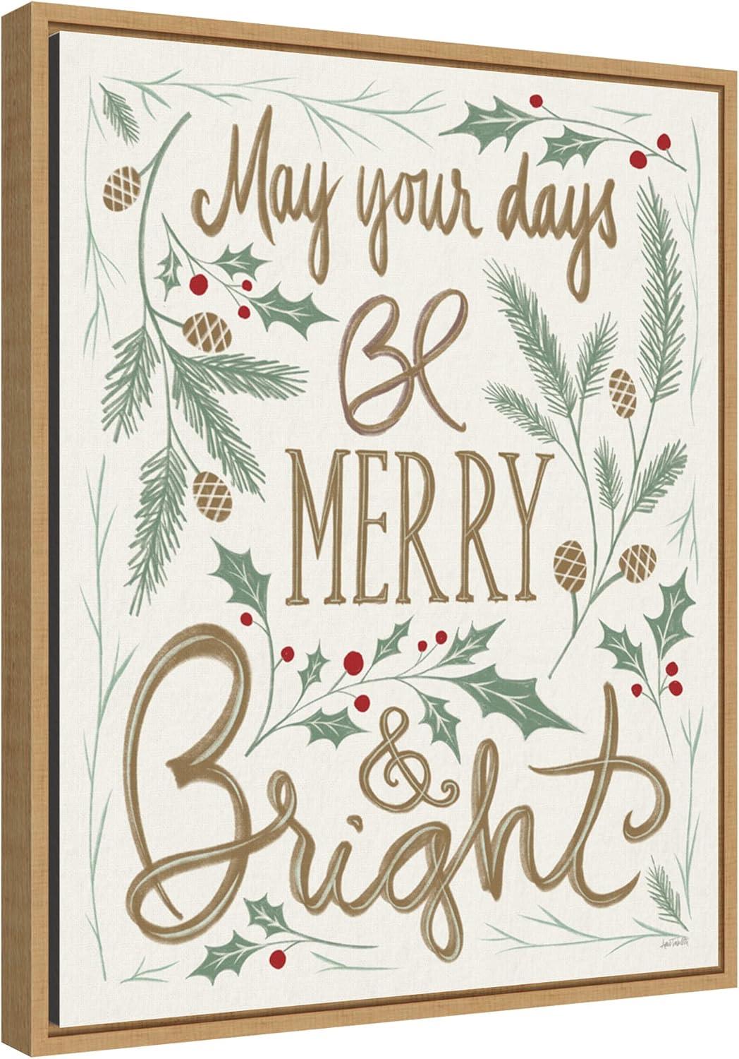 Merry and Bright Holly Christmas Canvas Framed Wall Art