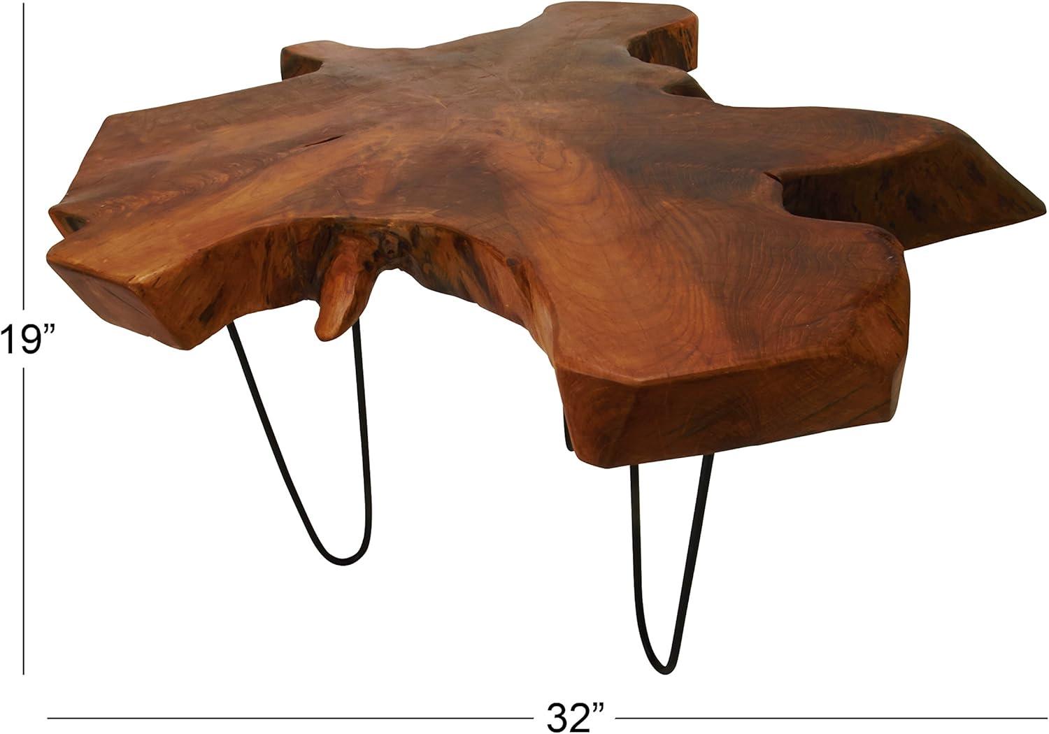 Teak Live Edge Round Coffee Table with Black Metal Hairpin Legs