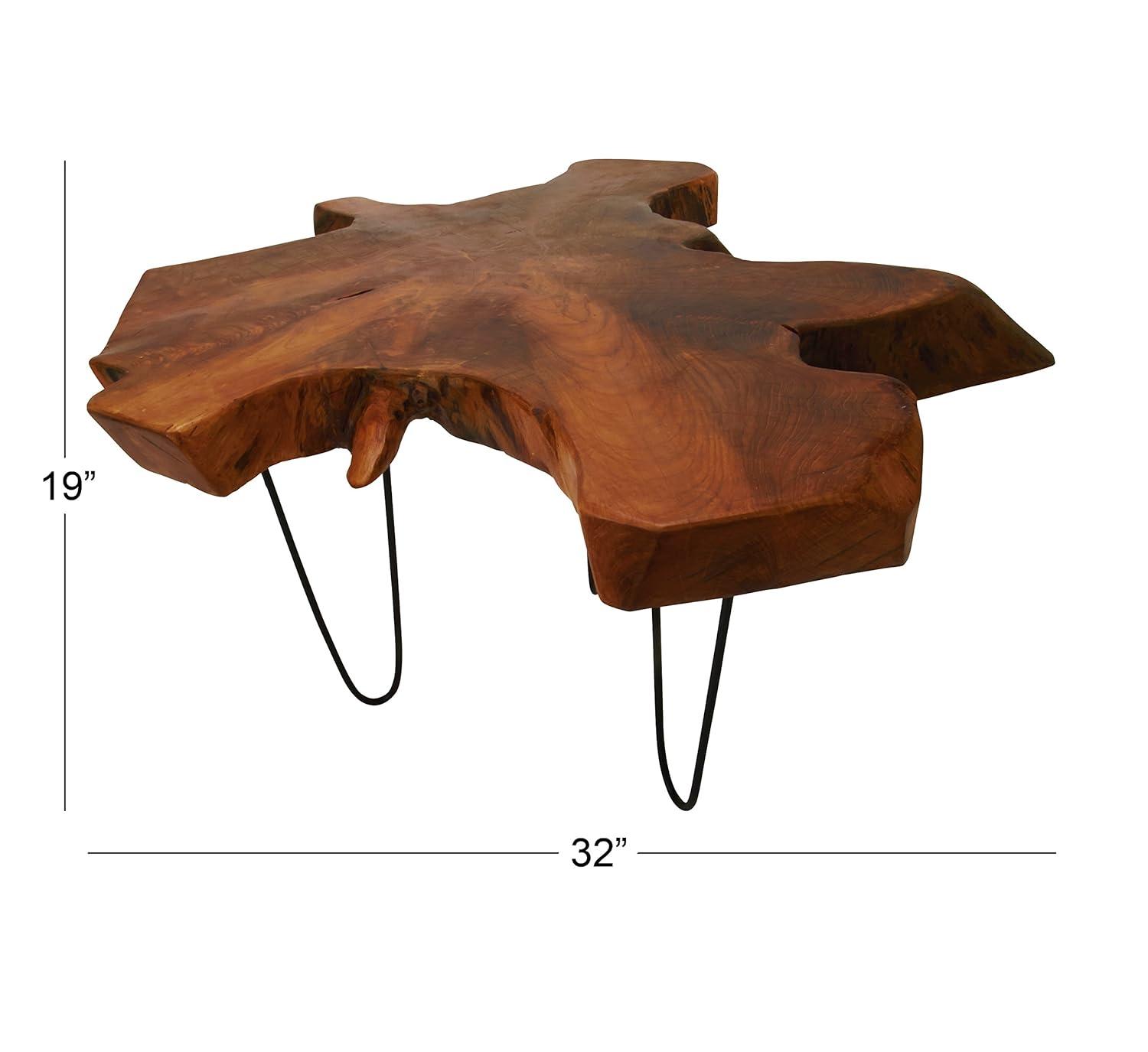 DecMode 28" x 19" Brown Wood Handmade Live Edge Top Coffee Table with Black Metal Hairpin Legs, 1-Piece