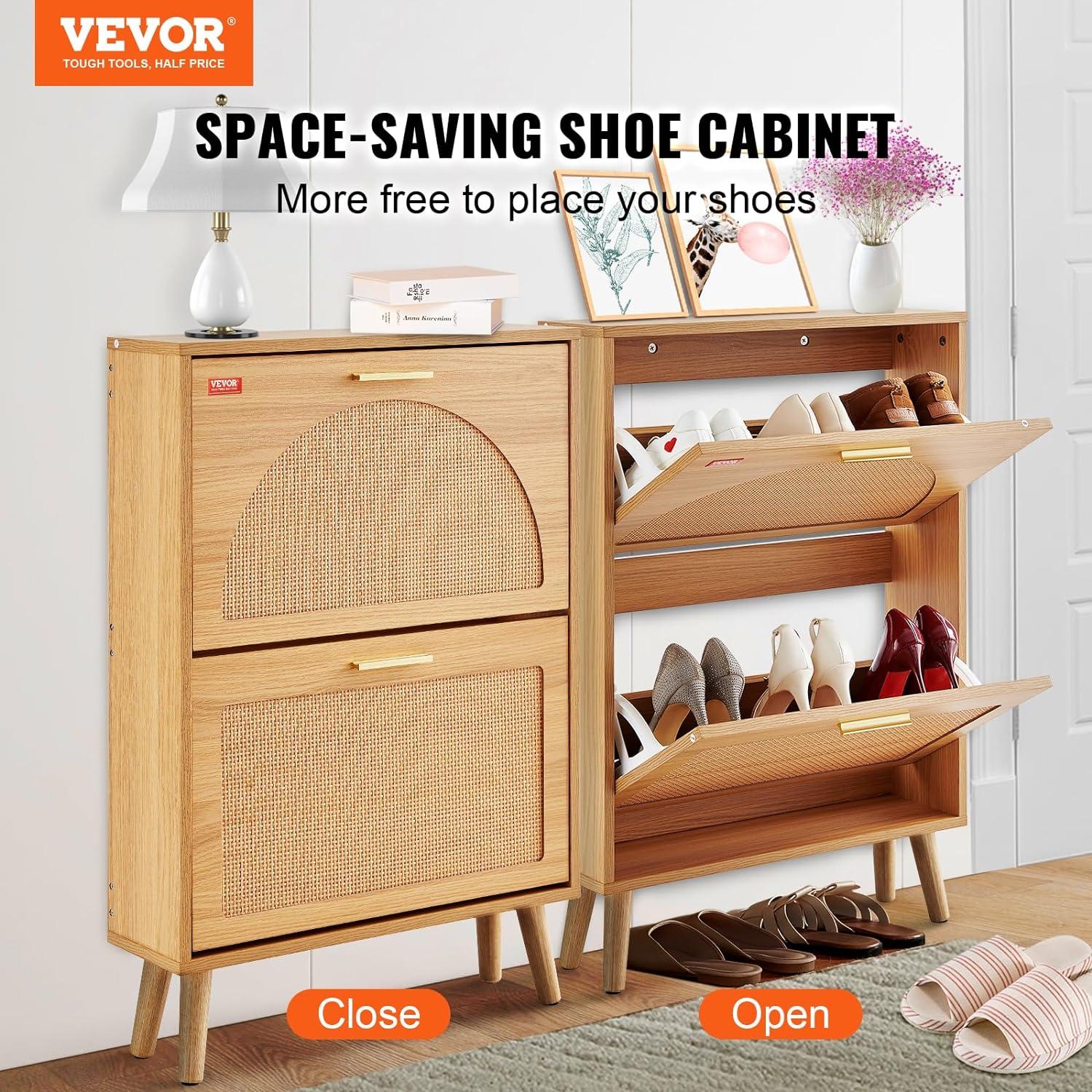 VEVOR Shoe Cabinet with 2 Flip Drawers, Shoe Storage Cabinet for Entryway, Free Standing Shoe Storage Organizer with Rattan Doors for Heels, Boots, Slippers in Hallway, Living Room