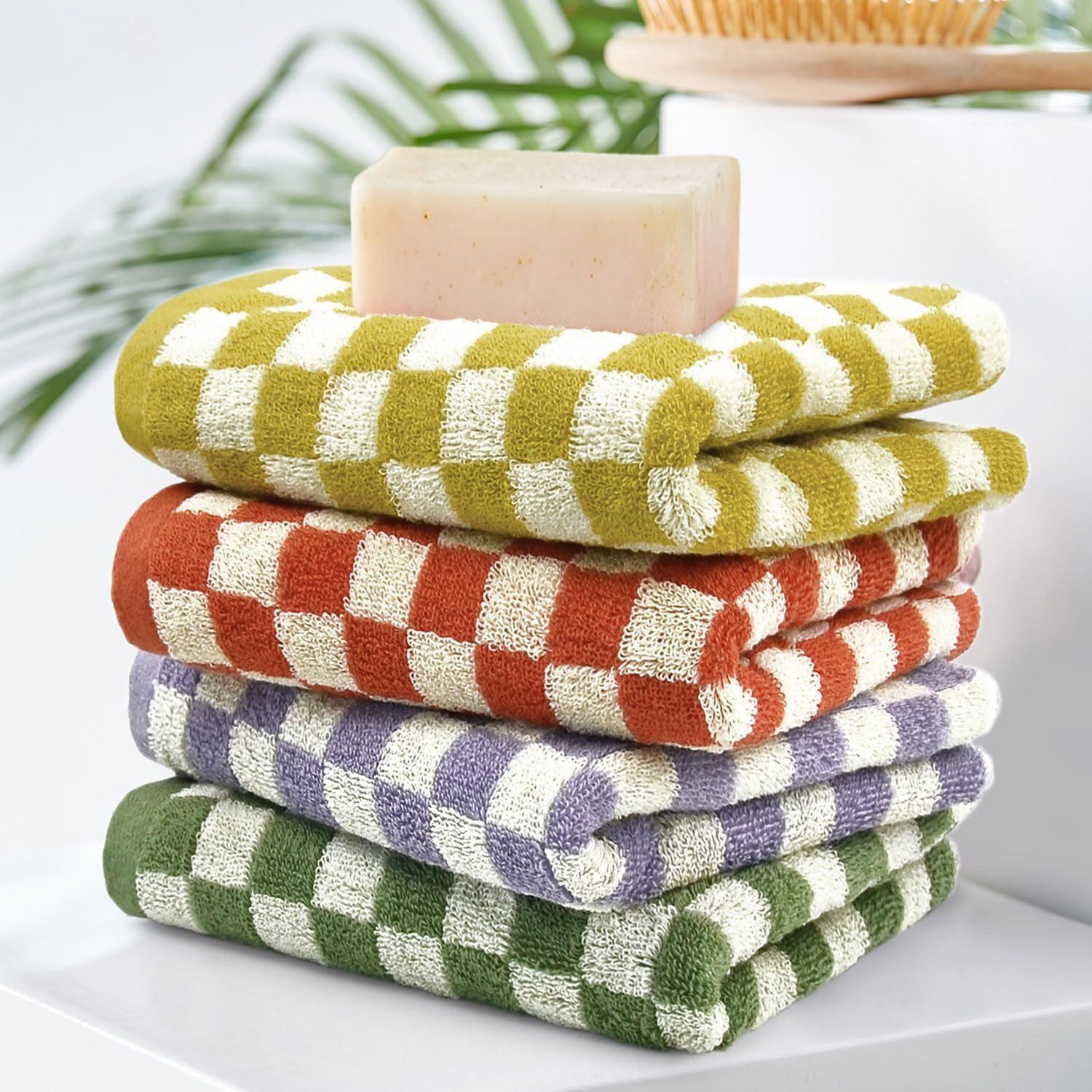 Municipal Checkered Hand Towels 4 Pack, Hand Towels for Bathroom, 100% Cotton Soft Highly Absorbent Bath Towels, 13 x 29 in Cute Face Towels for Spa Gym Kitchen Decorative Checkered Towel