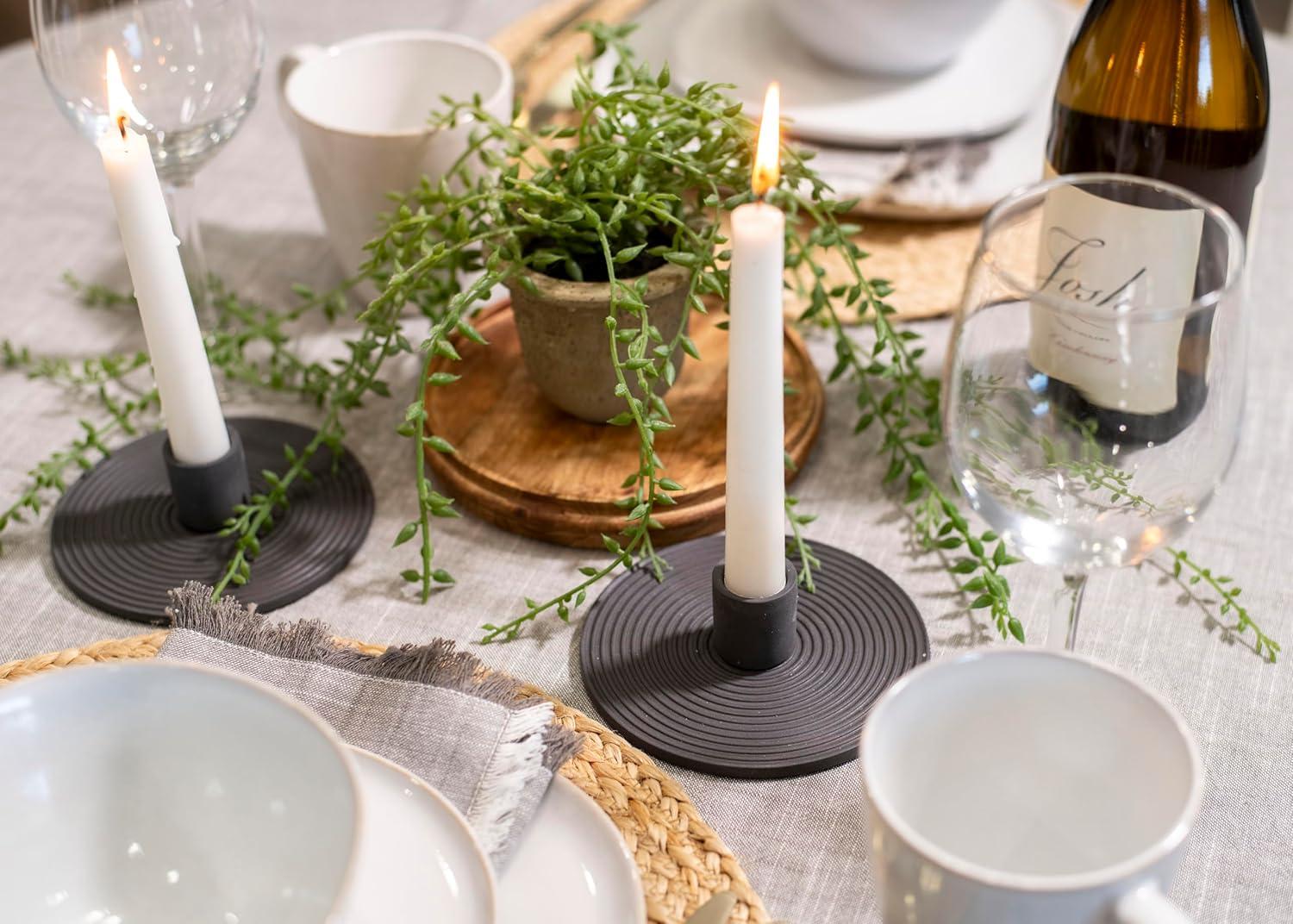 Elanze Designs Ribbed Ceramic , Mantle Decorations, Dining Table Centerpiece, Artisan, Candlestick Holder for Tapered Candles, Pack of 2, Black