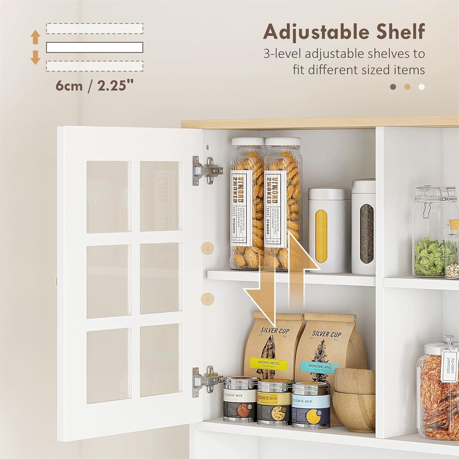 HOMCOM Kitchen Buffet with Hutch, Storage Pantry with 3 Cabinets, 2 Open Shelves and Large Countertop, White