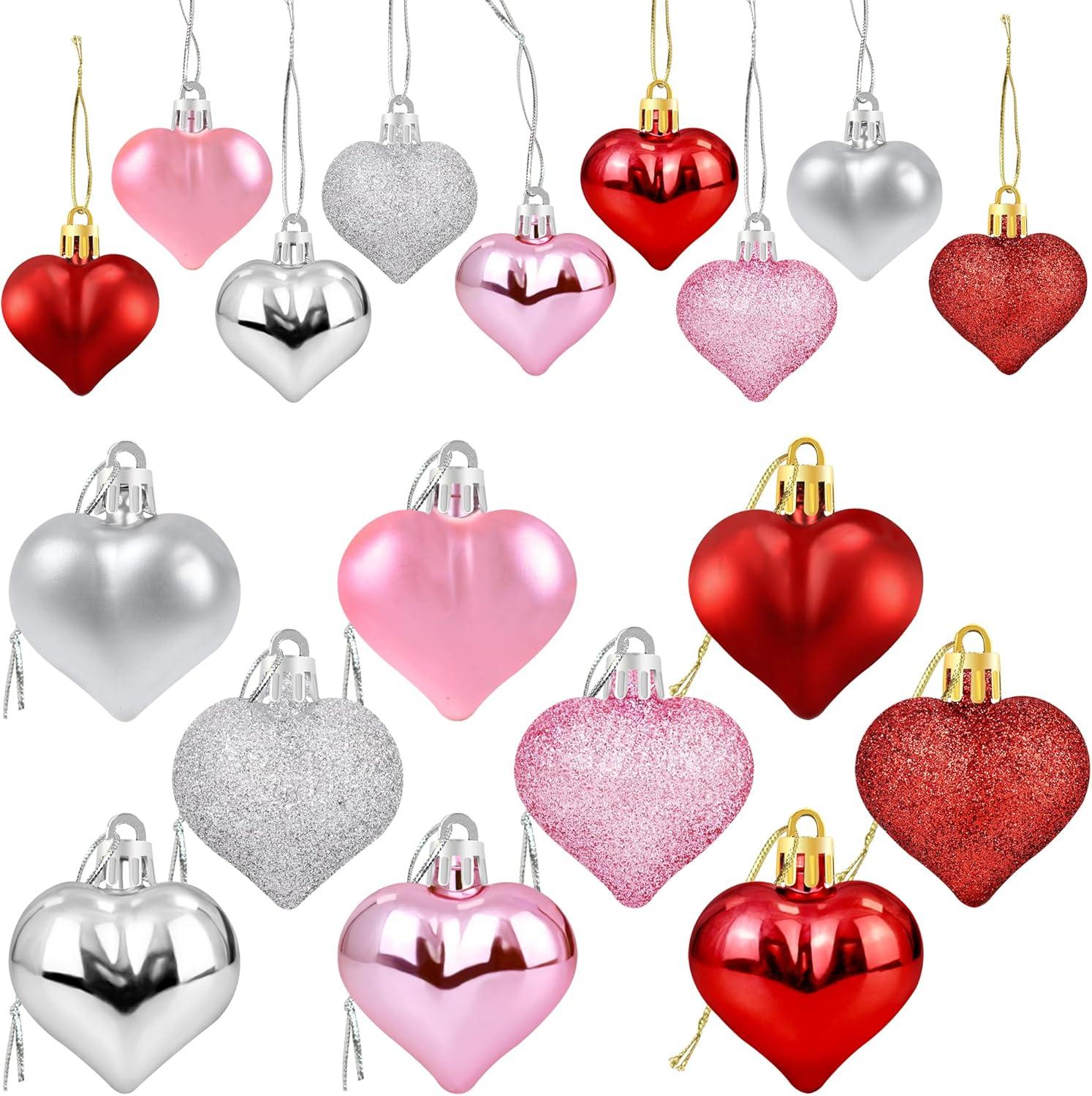 Valentine's Day Decor Heart Shaped Ornaments, 36PCS Valentines Heart Decorations, Romantic Valentine's Day Hanging Decorations, Red Pink Silver Heart Shaped Baubles for Home Wedding Party
