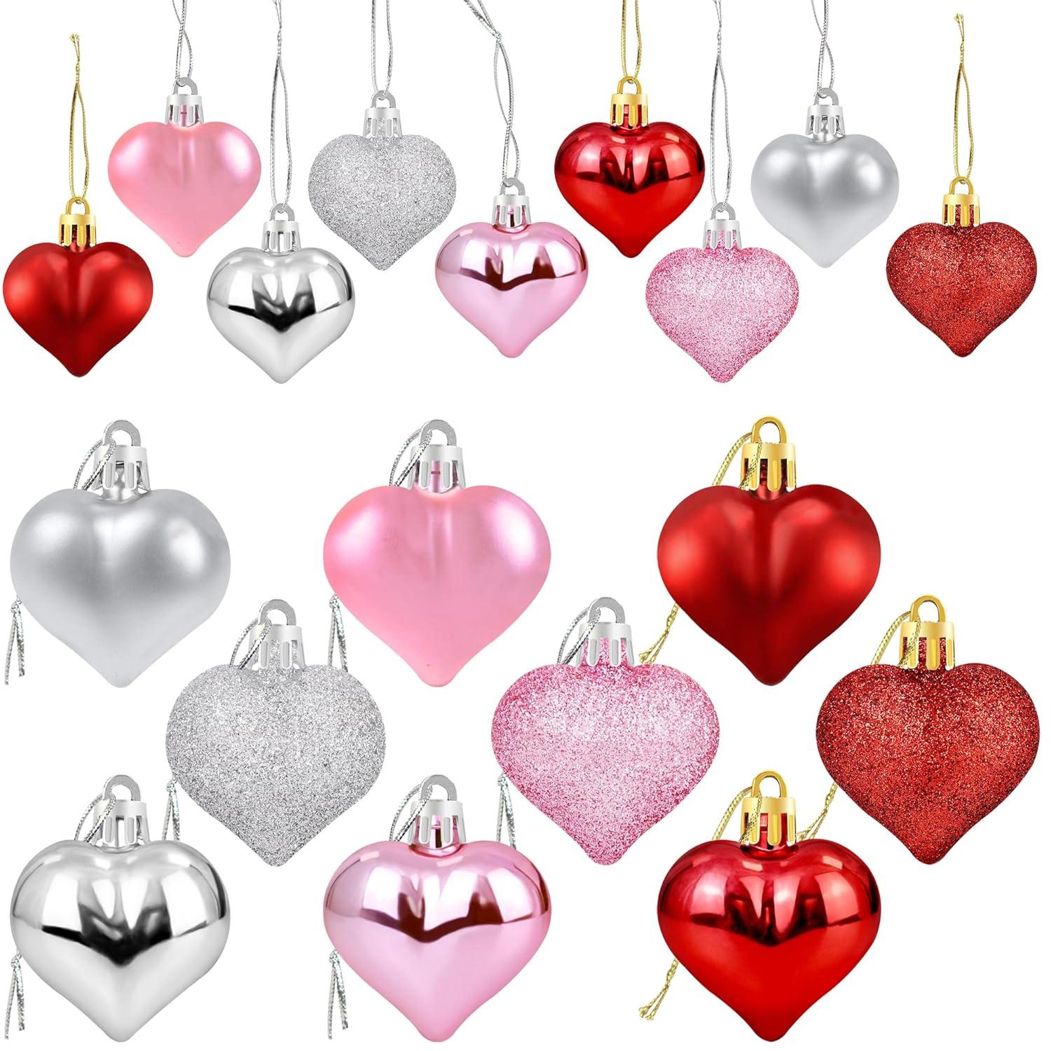 Valentine's Day Decor Heart Shaped Ornaments, 36PCS Valentines Heart Decorations, Romantic Valentine's Day Hanging Decorations, Red Pink Silver Heart Shaped Baubles for Home Wedding Party
