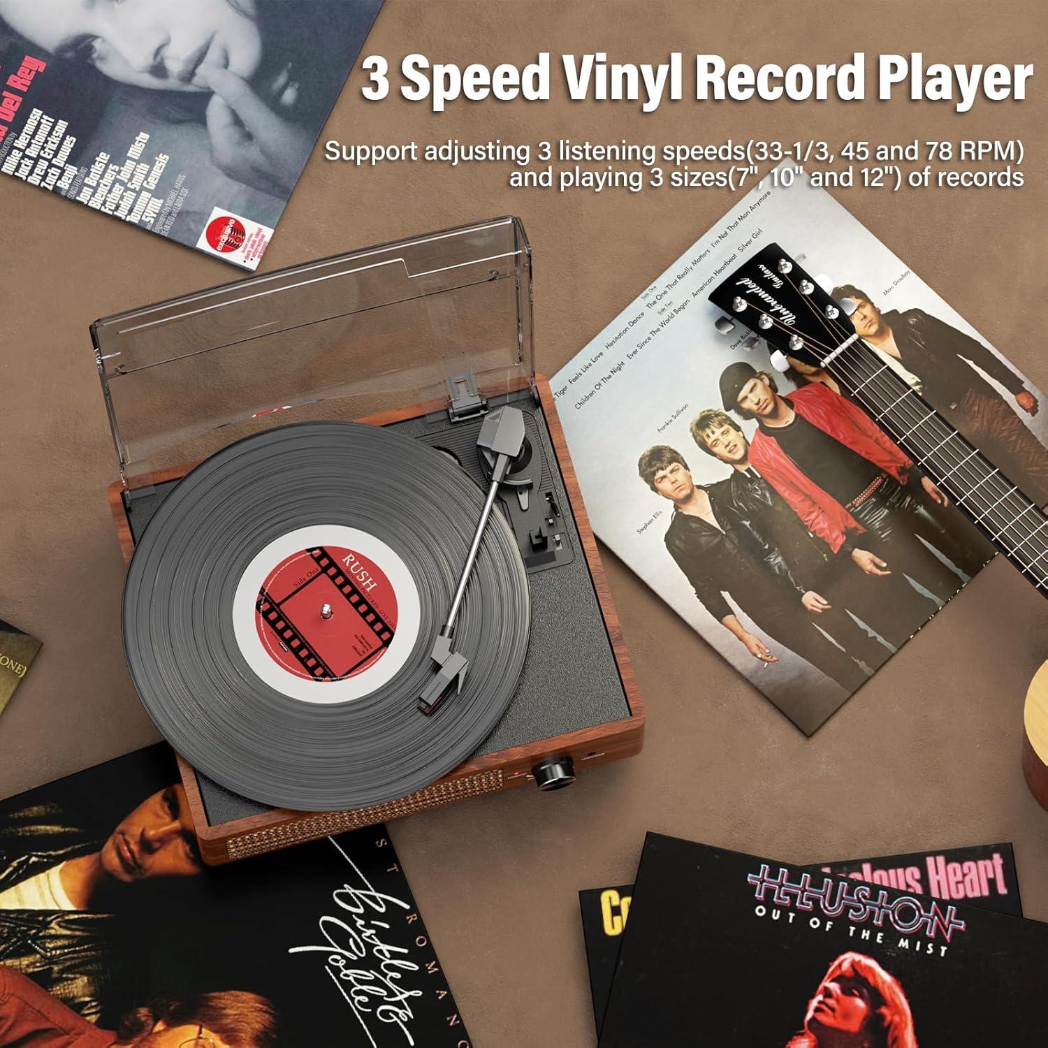 Record Players Vintage Turntable for Vinyl Records with Speakers Belt-Driven Turntables Support 3-Speed, Bluetooth Wireless Playback, Headphone, AUX-in, RCA Line LP Vinyl Players