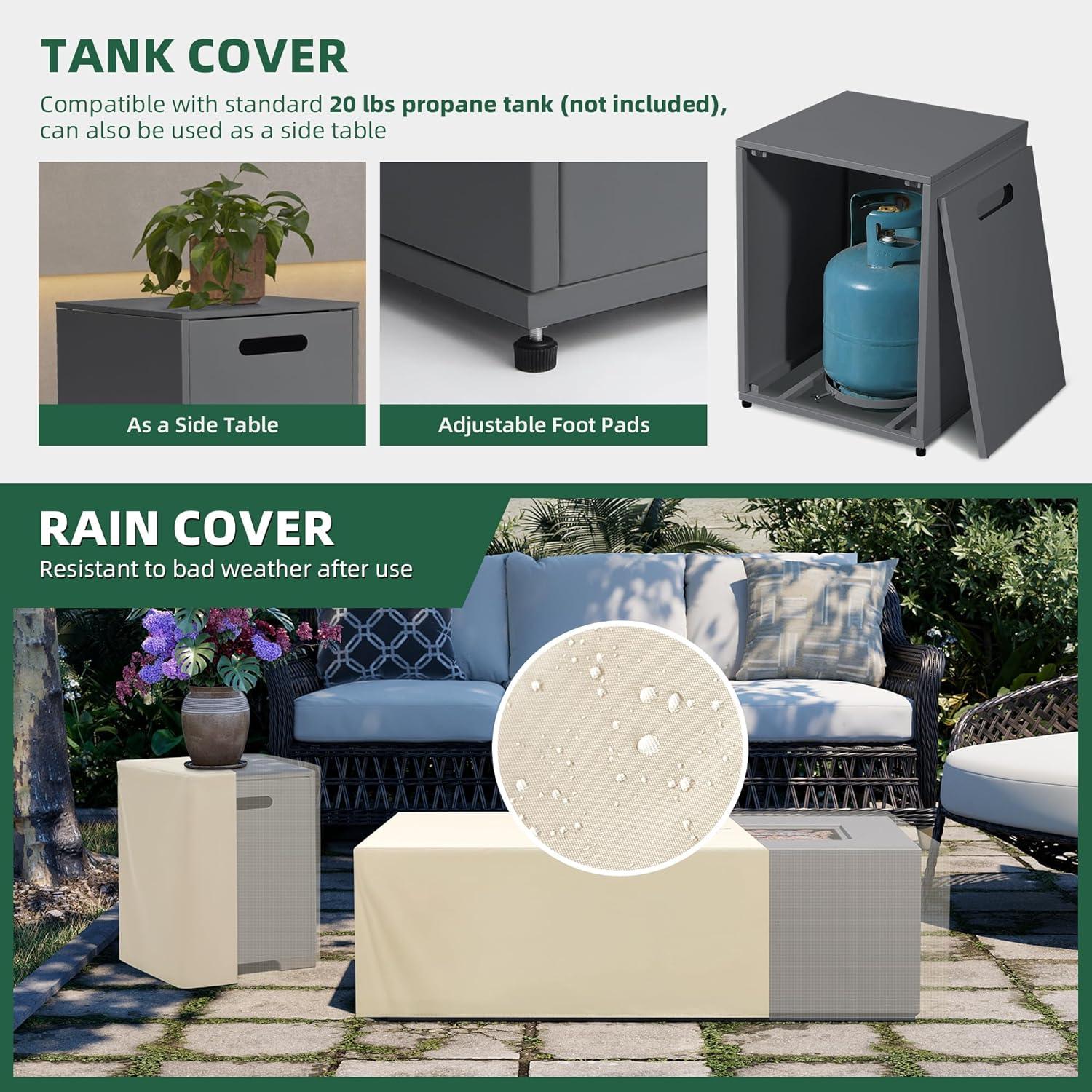 UPHA 42-inch Outdoor Propane Rectangle Fire Pit Table 50000 BTU Iron Gas FirePit for Outside Patio with Tank Cover, Removable Lid, Lava Rocks, Rain Cover, Grey