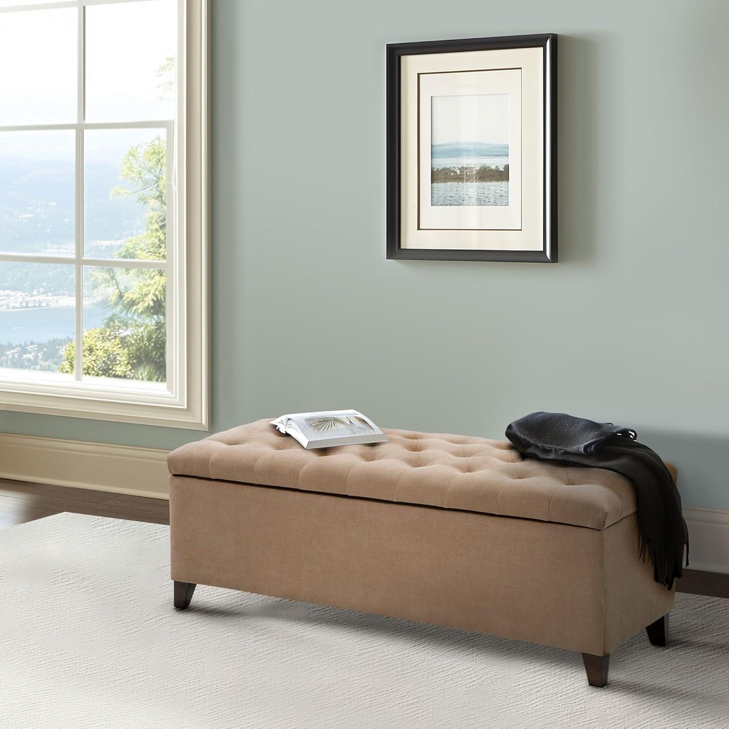 Shandra Bench Storage Ottoman with Tufted Top - Sand: Upholstered Bedroom Ottoman, Wood Legs, No Assembly Required