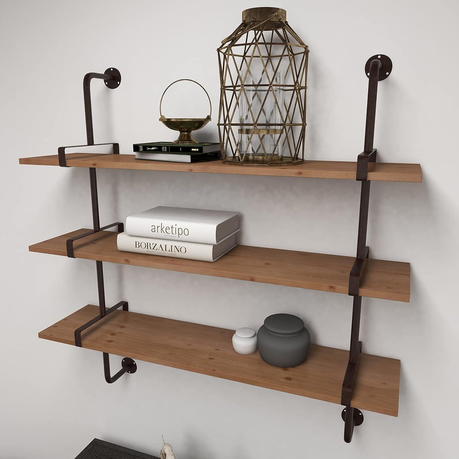 Wood 3 Level Wall Shelf with Black Metal Brackets