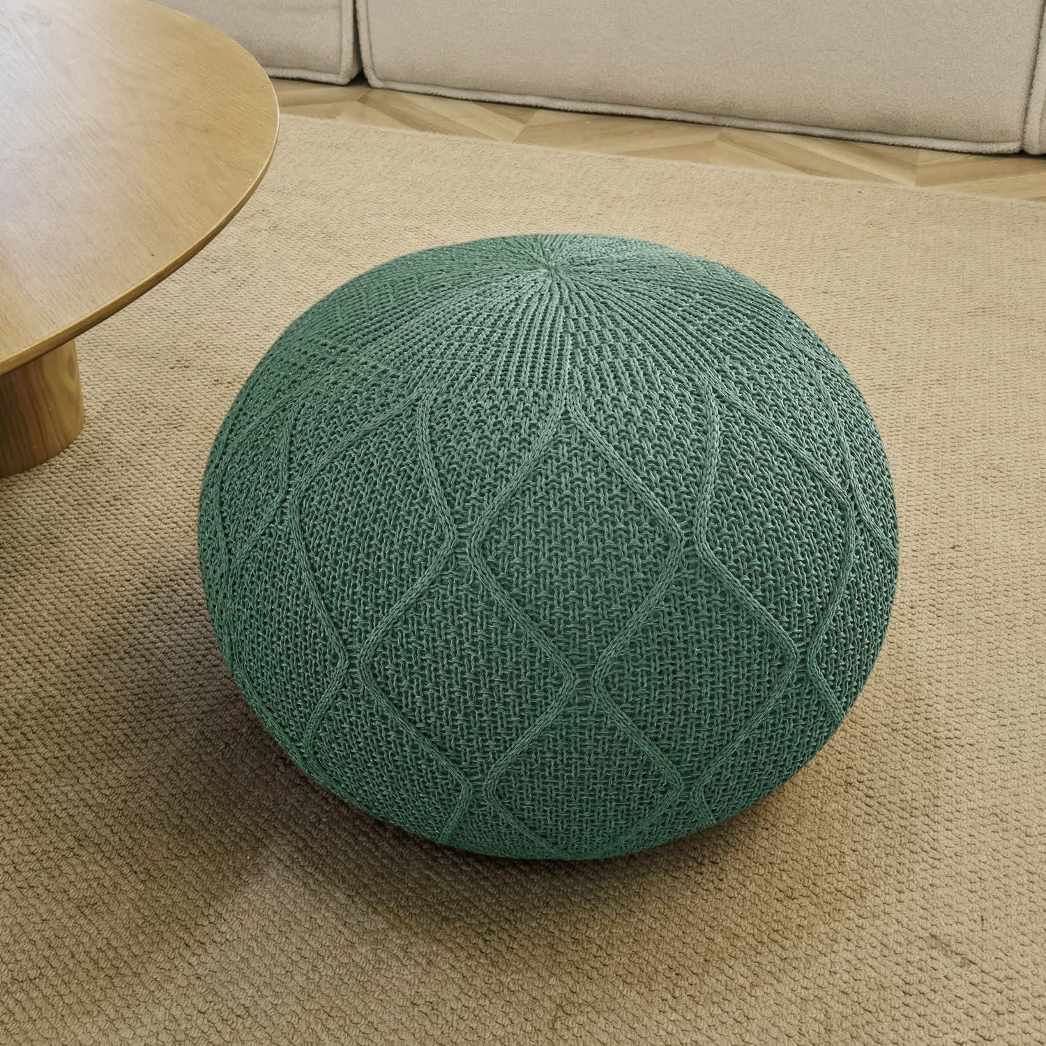 Green Knitted Round Pouf Ottoman with Polyurethane Foam