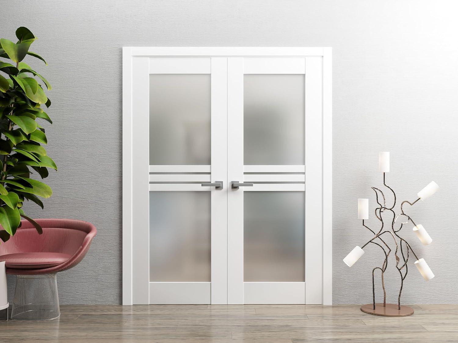 White Silk MDF French Double Doors with Opaque Glass Panels