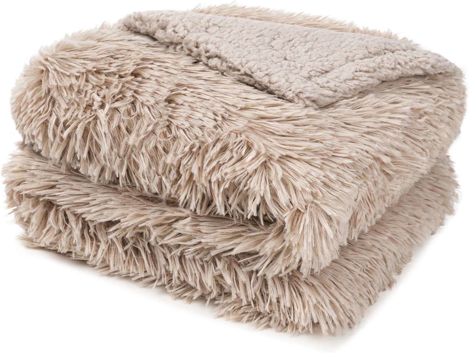 PAVILIA Soft Fluffy Faux Fur Throw Blanket, Taupe Tan Camel, Shaggy Furry Warm Sherpa Blanket Fleece Throw for Bed, Sofa, Couch, Decorative Fuzzy Plush Comfy Thick Throw Blanket, 50x60 Inches