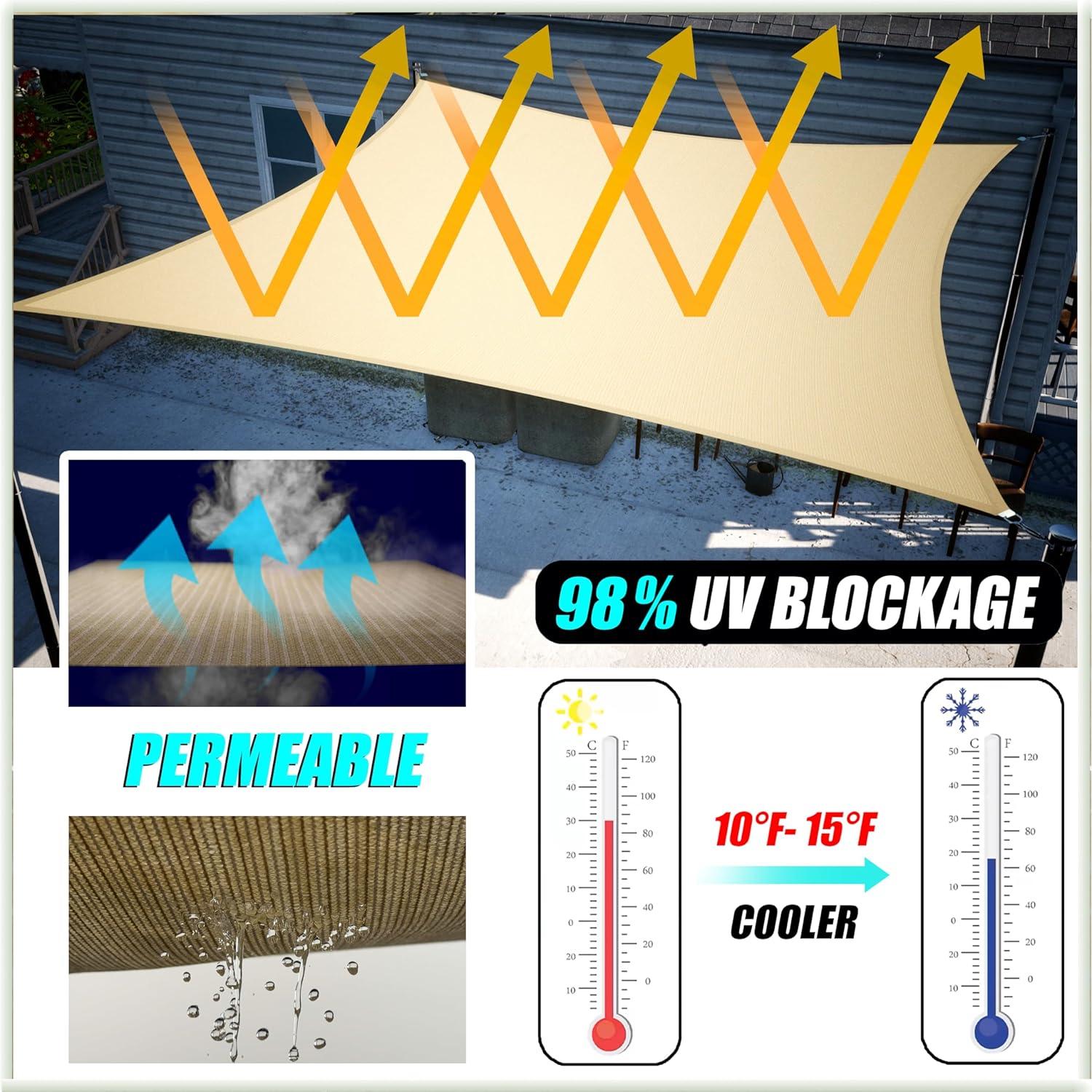 Amgo 12' x 18' Beige Rectangle Sun Shade Sail Canopy Awning UPF50+ AGTAPR0810, 95% UV Blockage, Water & Air Permeable, Commercial and Residential, 3 Years Warranty (We Make Custom Size)