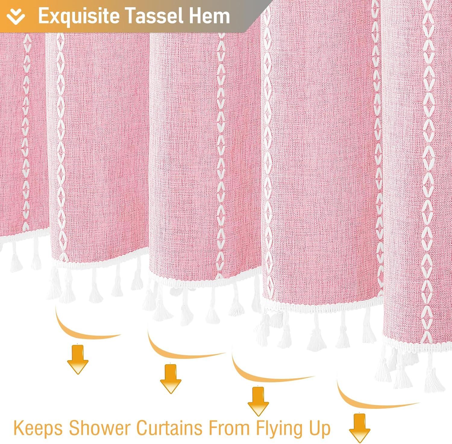 BTTN Pink Boho Shower Curtain, Linen Rustic Striped Fabric Shower Curtain Set with Tassel, Water Repellent, Bohemian Modern Farmhouse Cloth Shower Curtain for Bathroom with Hooks, 72"x72", Blush