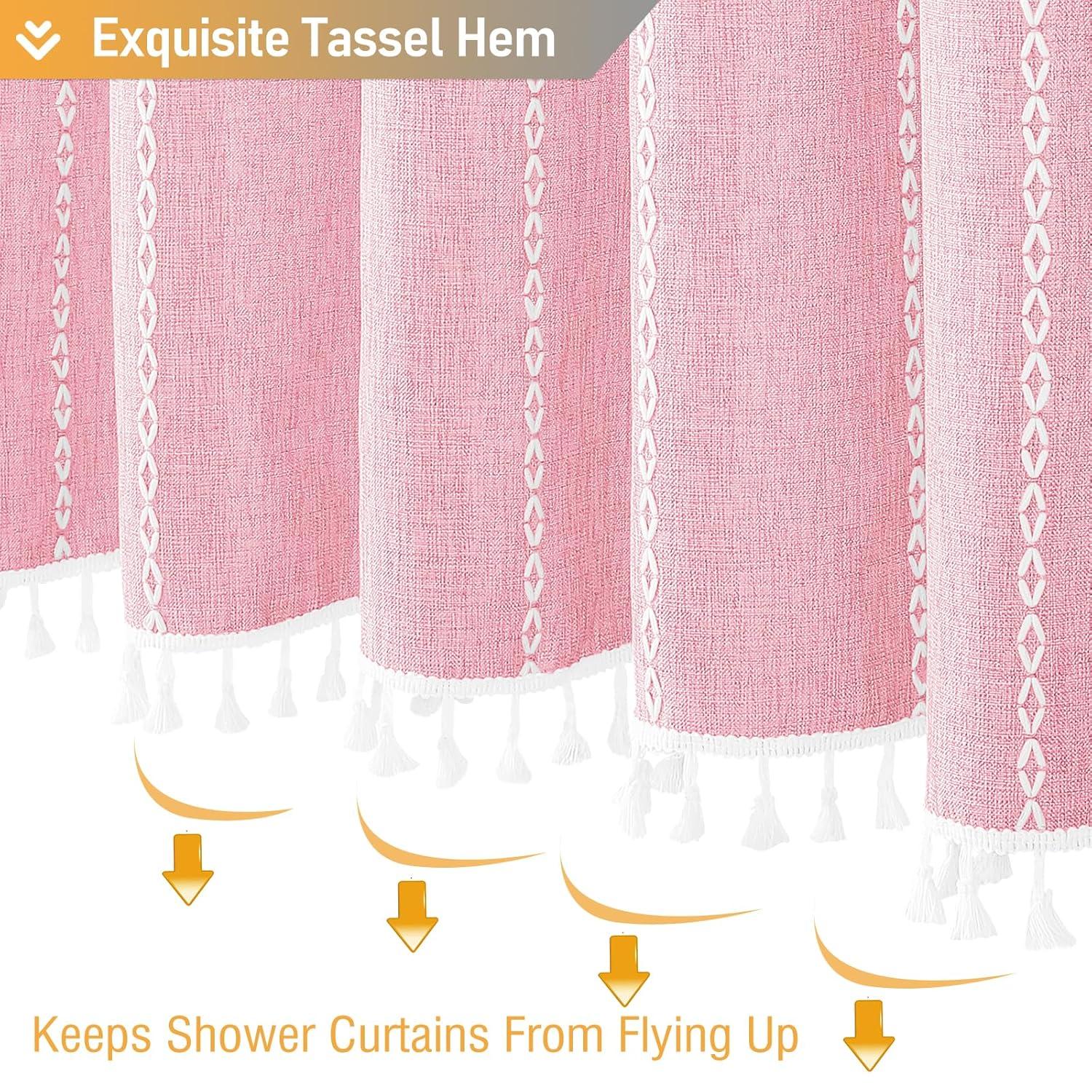 BTTN Pink Boho Shower Curtain, Linen Rustic Striped Fabric Shower Curtain Set with Tassel, Water Repellent, Bohemian Modern Farmhouse Cloth Shower Curtain for Bathroom with Hooks, 72"x72", Blush