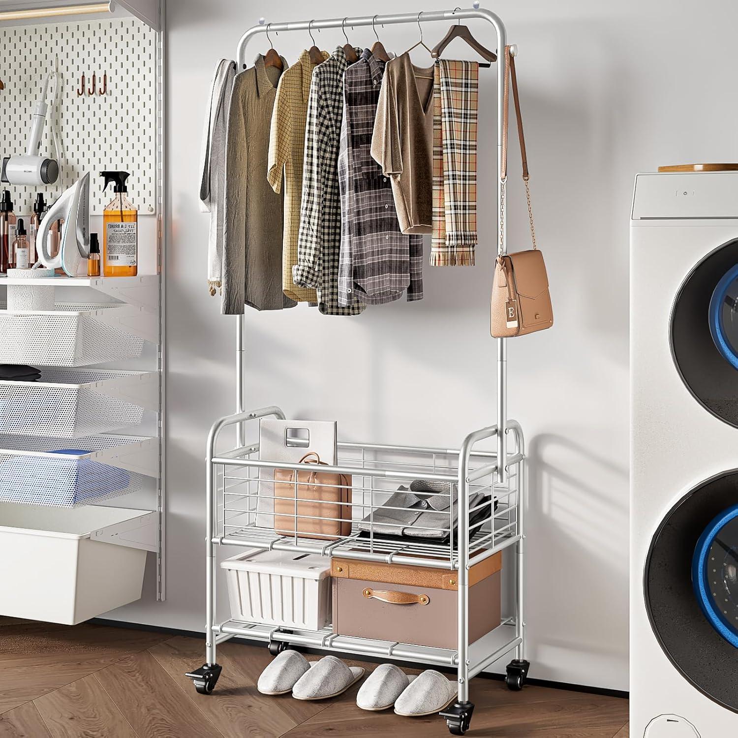 Gray Metal Laundry Sorter with Wheels and Hanging Rack