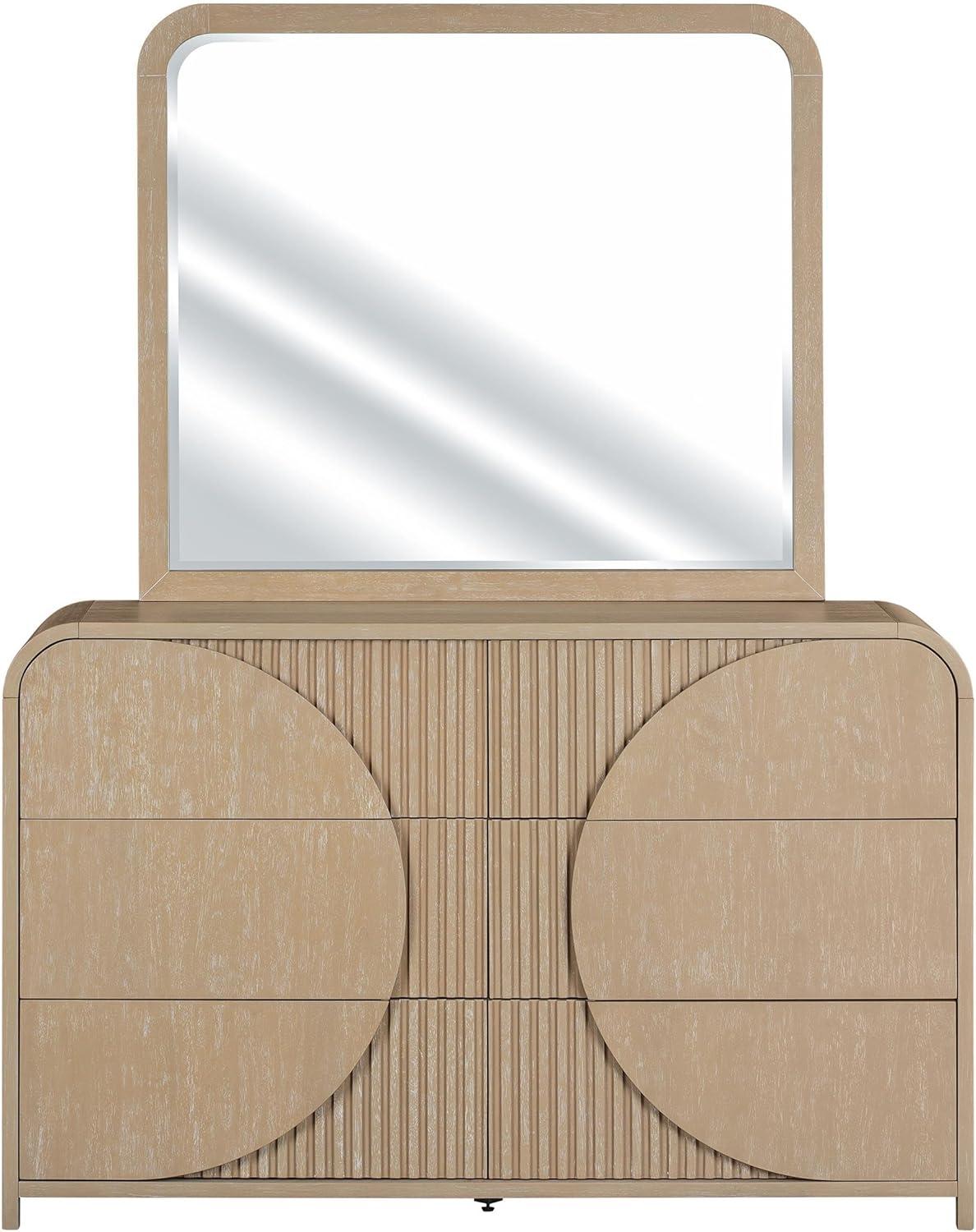 Furniture of America Tissen Modern Solid Wood 5-Piece Queen Bedroom Set with USB Ports, Reeded Panels, Curved Edges and Beveled Mirror, Box Spring Needed, Natural