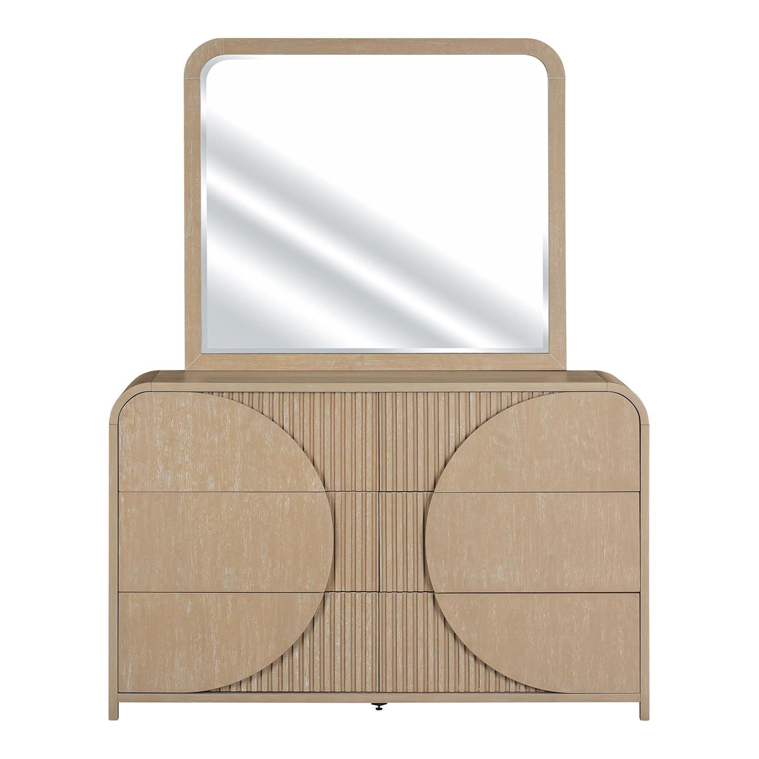 Furniture of America Tissen Modern Solid Wood 5-Piece Queen Bedroom Set with USB Ports, Reeded Panels, Curved Edges and Beveled Mirror, Box Spring Needed, Natural