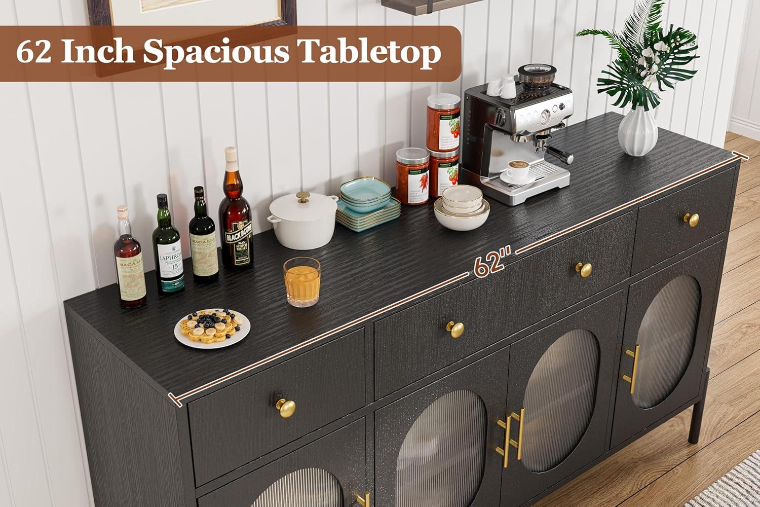 62" Large Sideboard Buffet Cabinet with Storage and 3 Drawers, Buffet Table Coffee Bar Storage Cabinet with 4 Glass Doors