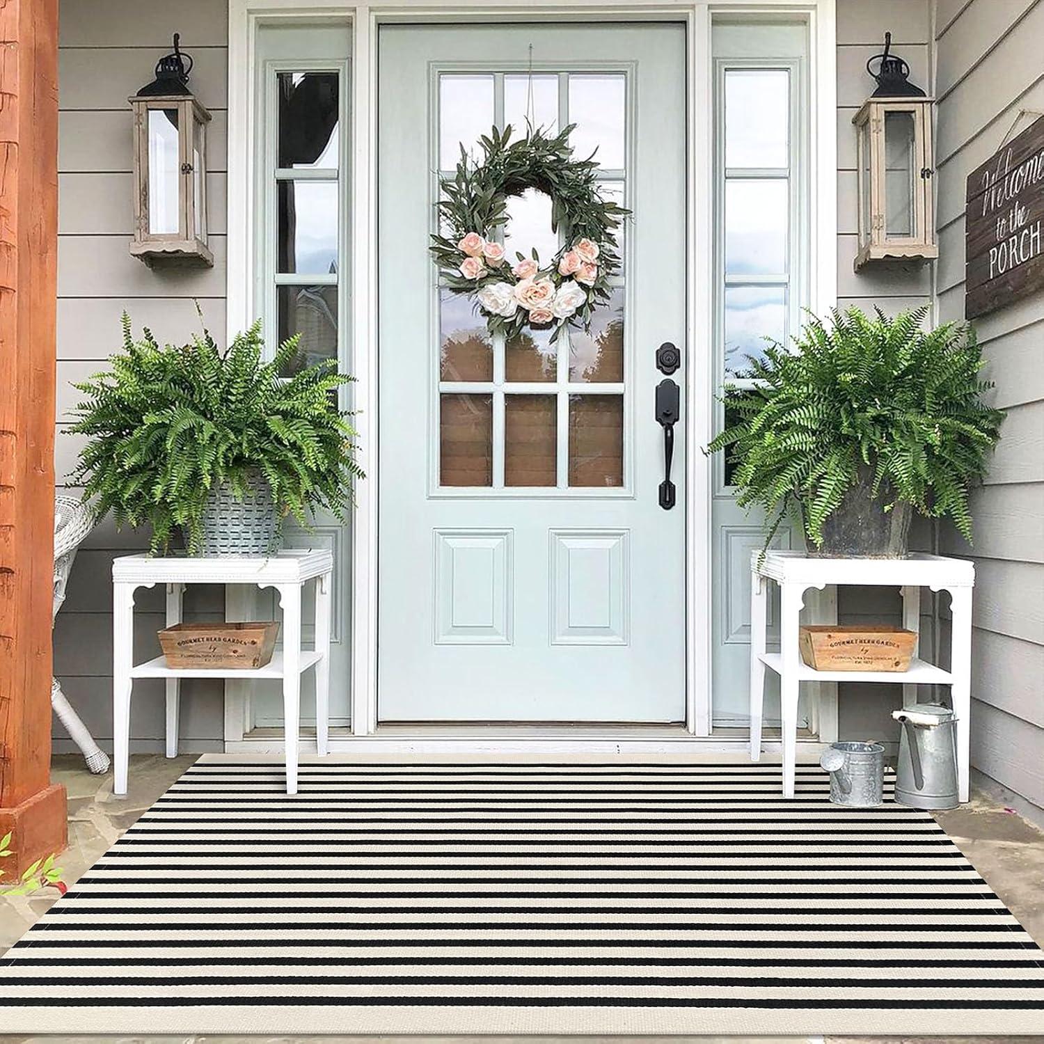 IOHOUZE Navy and White Striped Rug 2'x3' Front Door Rugs, Small Washable Area Rug for Front Porch, Spring Summer Doormats Outdoor Indoor, Cotton Rugs for Entryway Porch Entrance