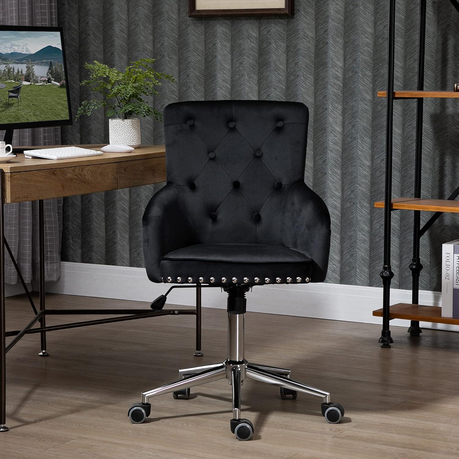 HOMCOM Home Office Chair Tufted Velvet Desk Chair w/ Nailhead Trim Mid Back