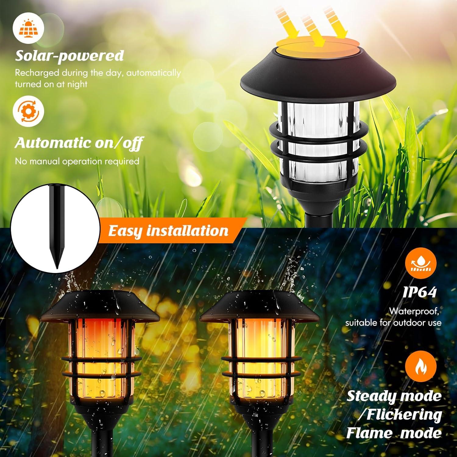 Solar-Powered Black LED Pathway Torches with Flickering Flame, 4-Pack